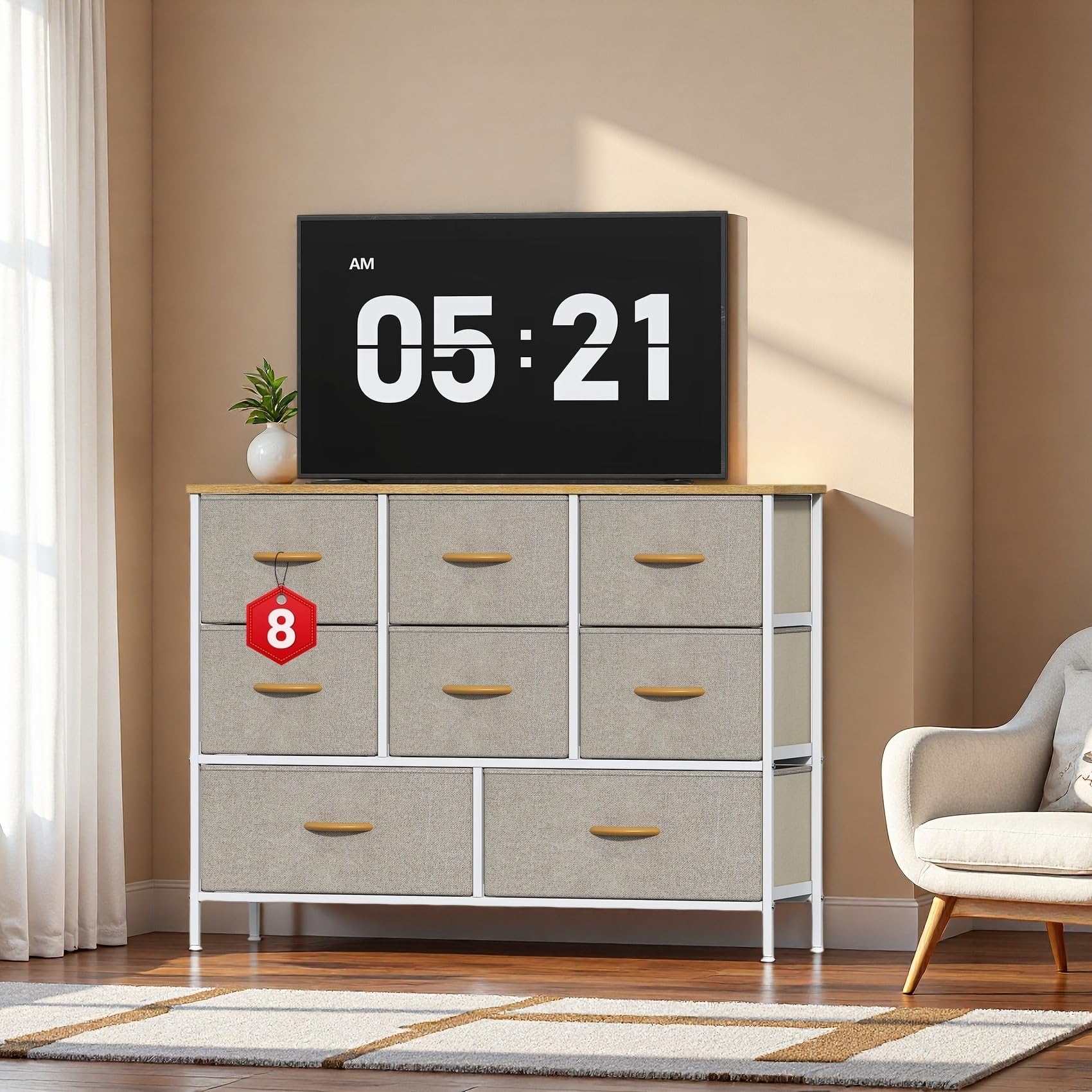 Feonase Cassettiera in tessuto con 8 cassetti, cassettiera e comode, struttura in metallo e pannello in MDF, piedini regolabili, per camera da letto, soggiorno, corridoio, kaki