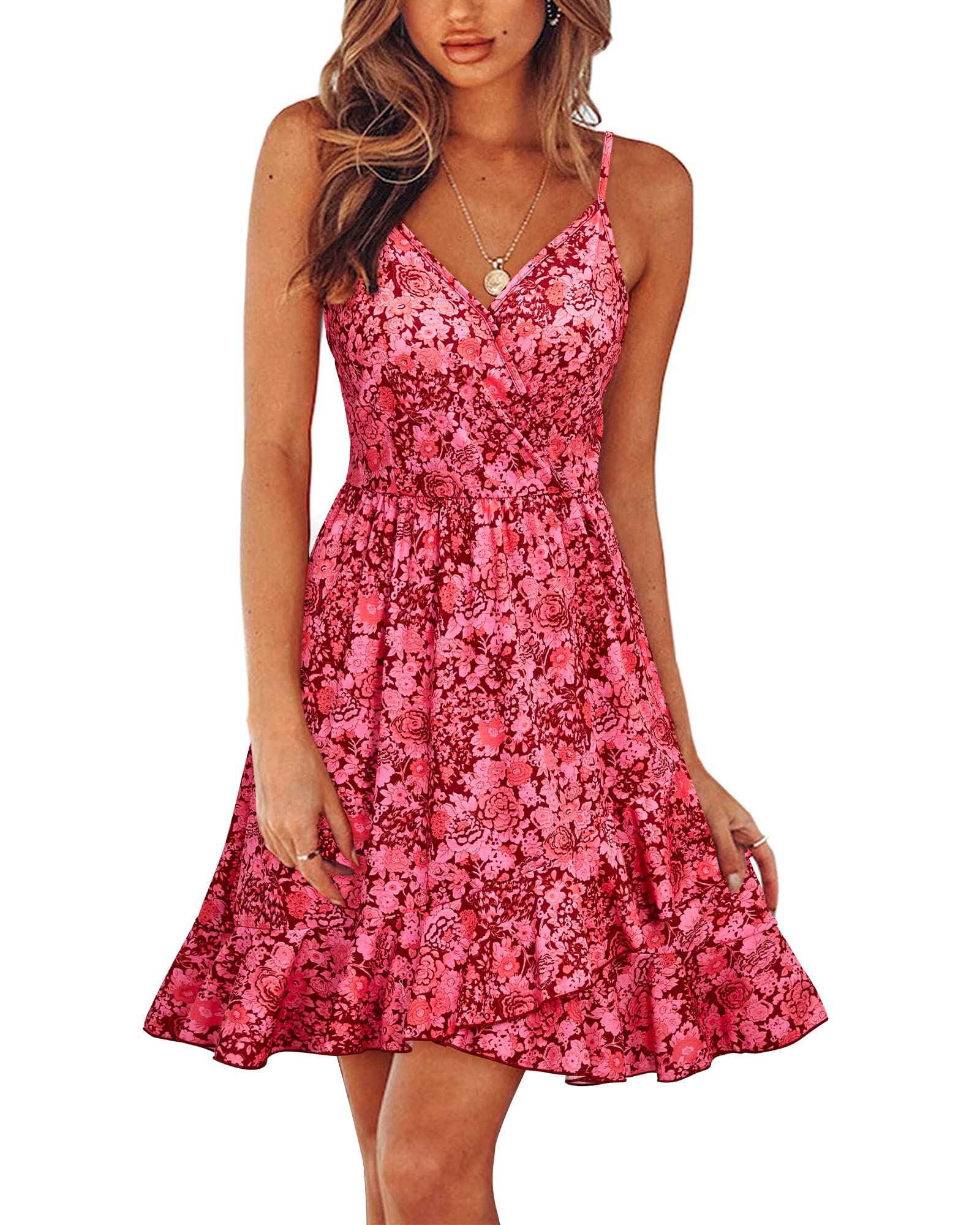 ULTRANICE Damen Sommerkleider Blumenmuster Kleid V-Ausschnitt Strandkleid Verstellbaren Spaghettiträger Rüschen Kleider