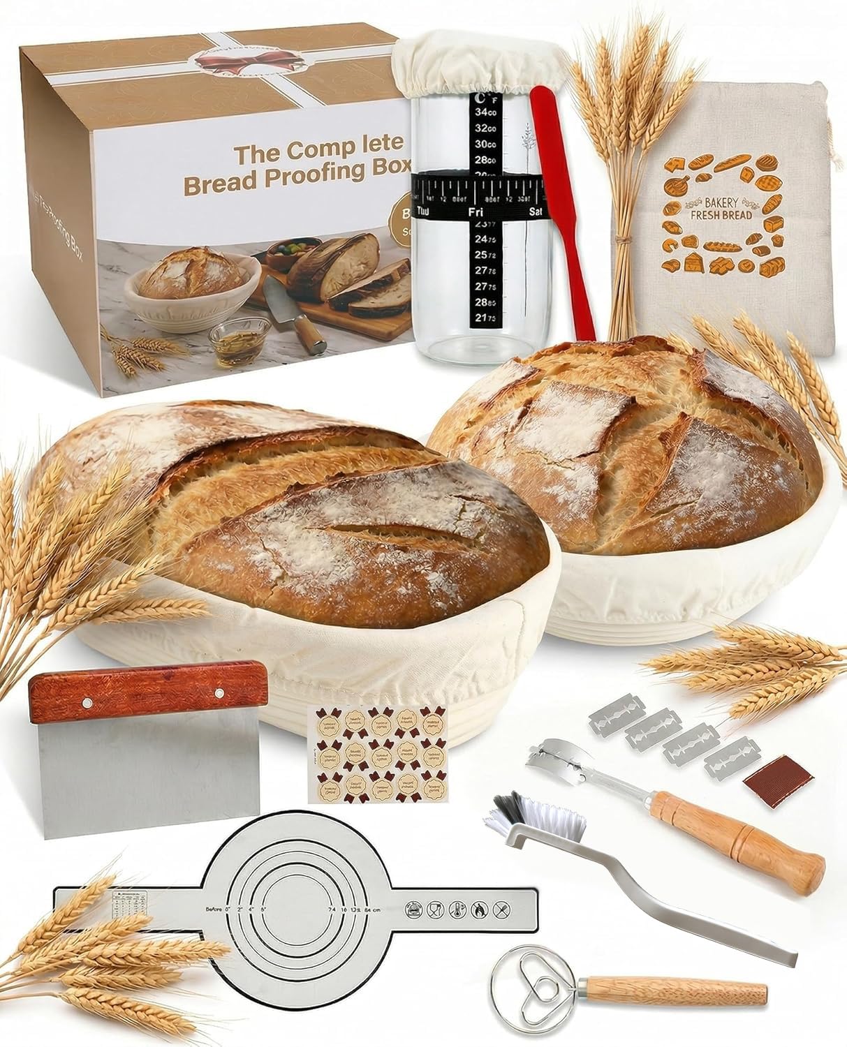 Cestini Lievitazione Pane Set, Cestino Lievitazione Pane Ovale 25cm e Rotondo 23cm con Coltello da Pane, Panni di Lievitazione, Sacchetti per il Pane, Raschietto per Impasto, Frusta