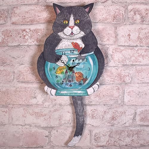 Miniatura 2 de Reloj de pared con péndulo de gato con pez por Laughing Moon, hecho a mano en los Estados Unidos