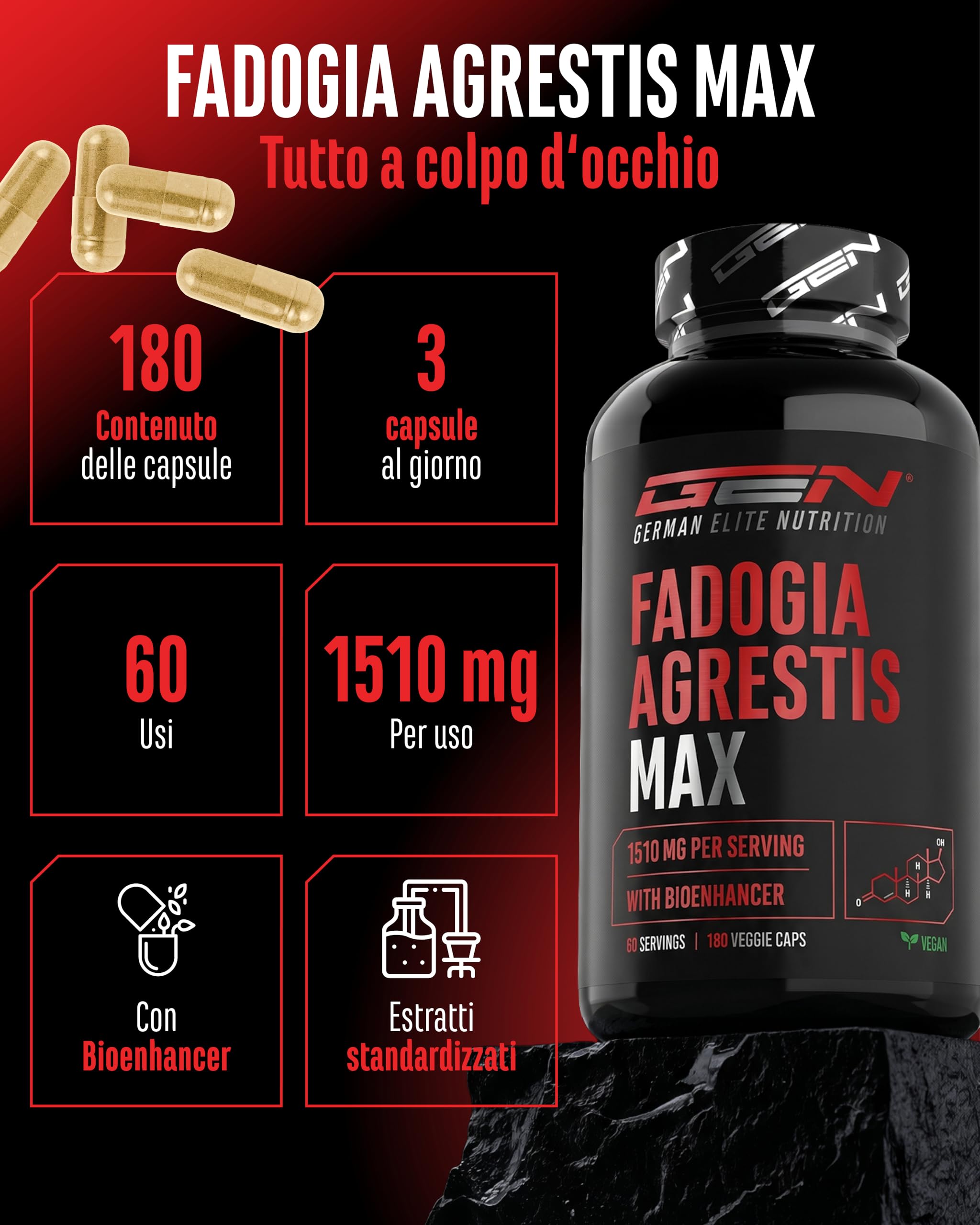 Fadogia Agrestis Max - 180 Capsule Vegane - 1510 mg per Dose Giornaliera - Con Estratto di Pepe Nero e Bioenhancer - Formula ad Alto Valore con Estratti - Senza Additivi Inutili