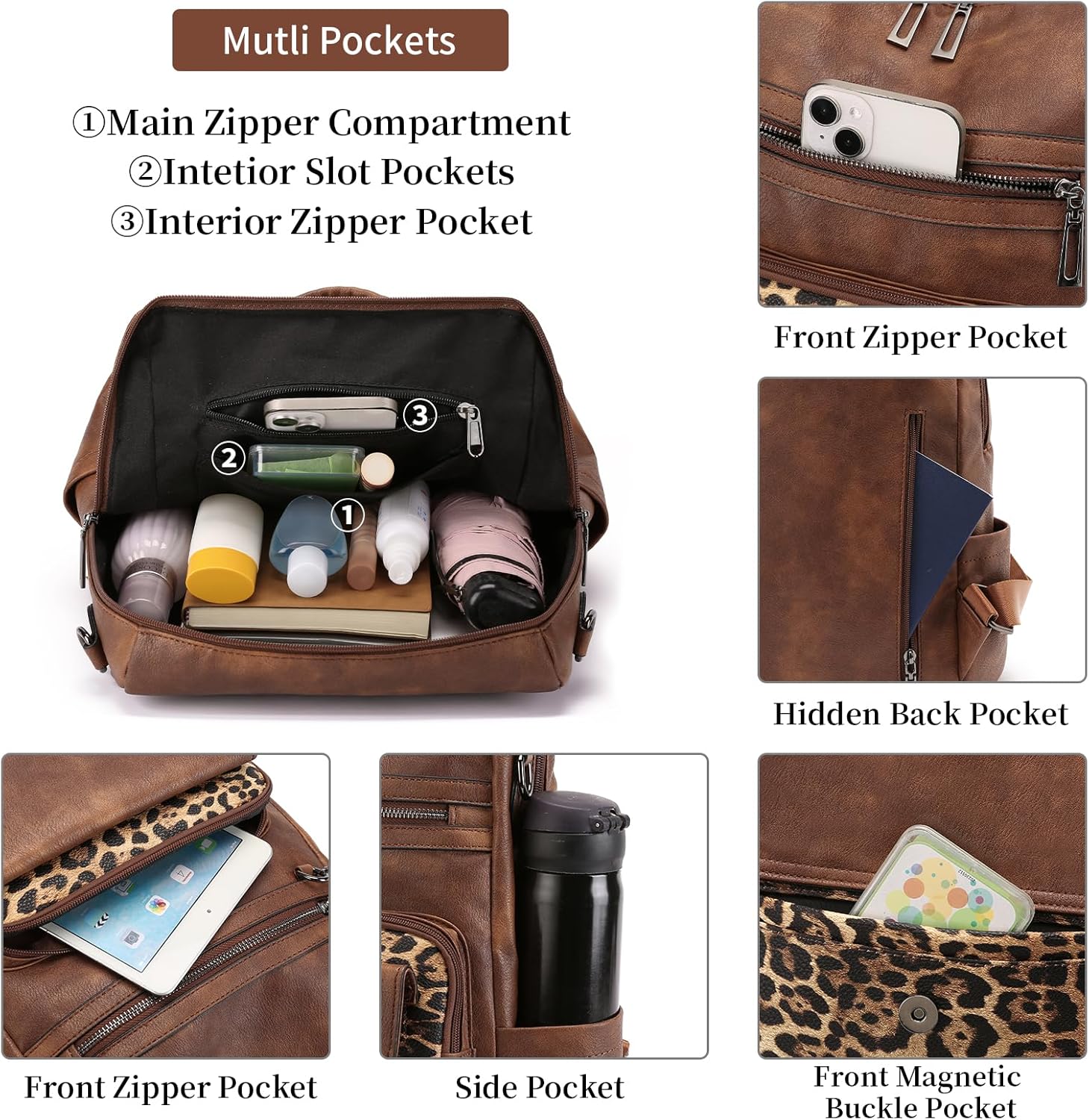 GAEKEAO Backpack Purse for Women Fashion Leather Designer Travel Backpack Purses Convertible Shoulder Bag with Wristlet (Brown With Leopard) - Image 3