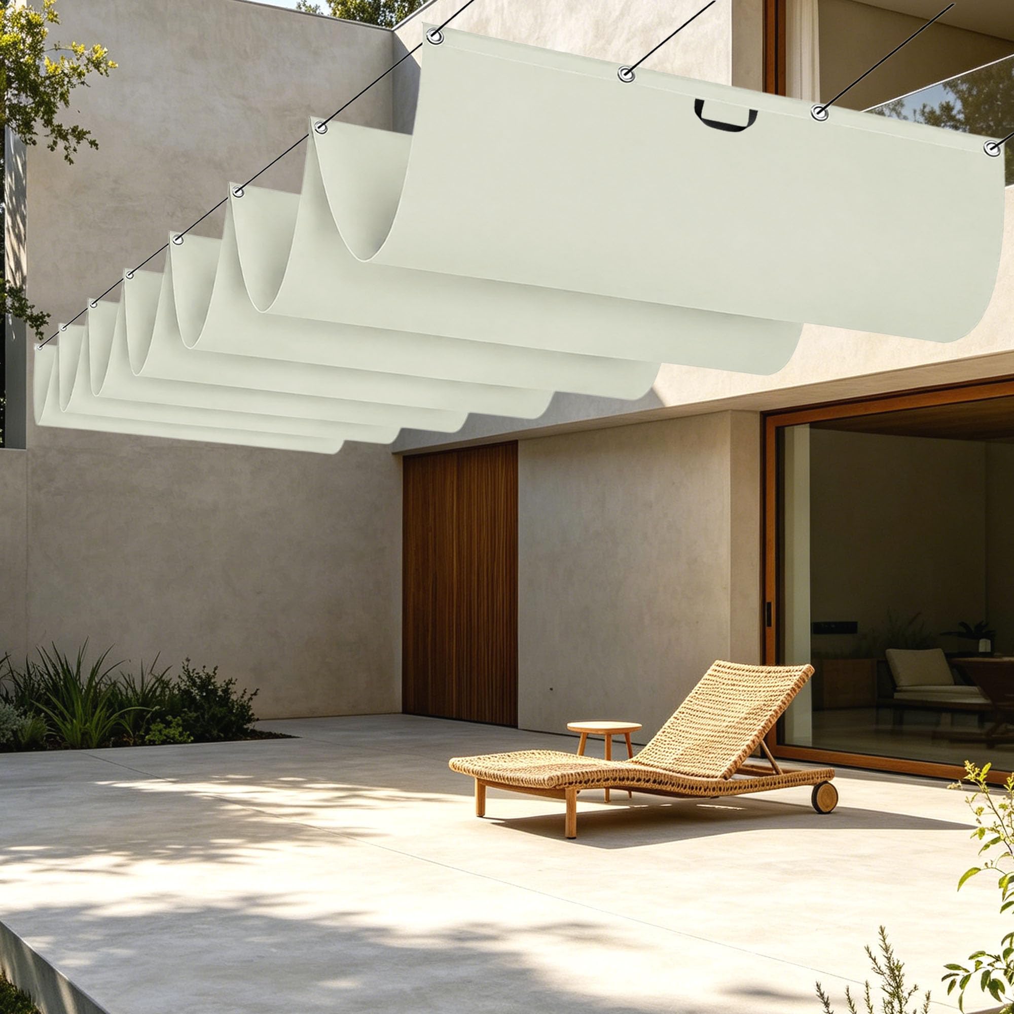 Voile d'ombrage rétractable vague 650x300 cm blanc cassé pour terrasse et grand jardin
