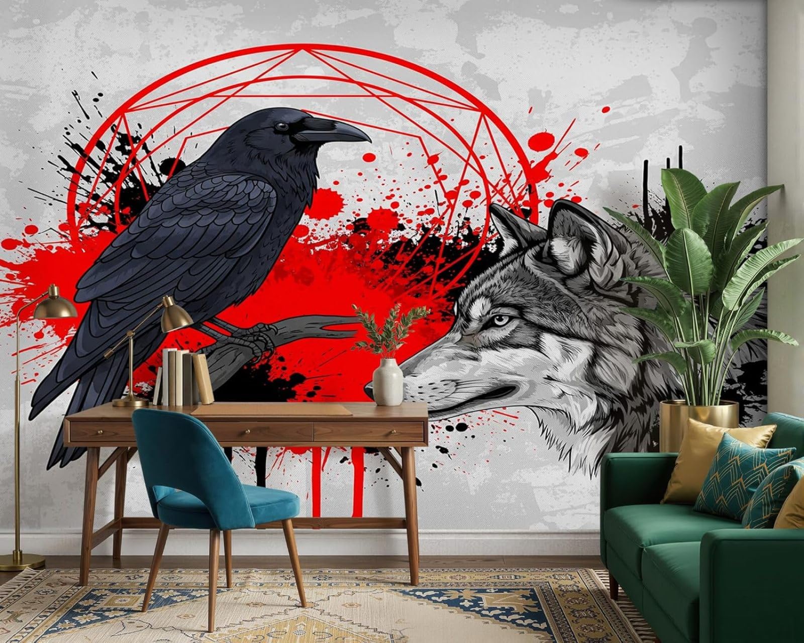 hgjdjhnf Photo Wallpaper Ravens and Wolf Gothic Red Black Non-Woven ModernLiving Room Bedroom Children's RoomDecoration Motif Wallpaper,300cmx210cmSticker - Background- Painting - Poste