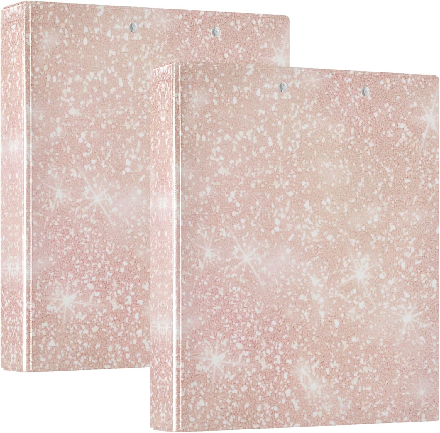 Pink Glitter Texture 3 Ring Binders, 1.5” Round Ring Binders with Clipboard - Letter Size, 3 Interior PVC Clear Pockets & Anti-Slip Clip for Office School Supplies, 2PCS