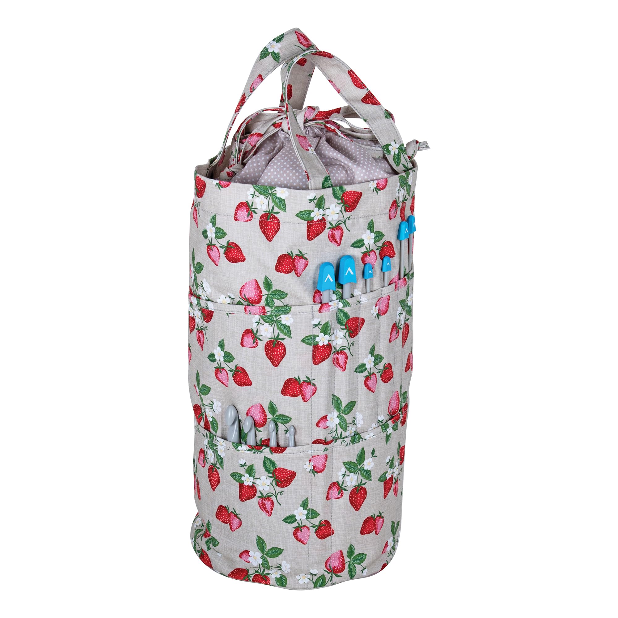 Hobby Gift Natural Strawberries Knitting Bag Drawstring-Yarn Storage Craft Project Tote-Accessory Hook Needle Pockets, Cotton, 15 X 41 X 19.5Cm