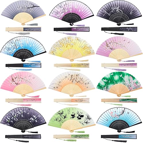 Miniatura 8 de Jetec 12 abanicos de mano florales de 8.27 pulgadas para mujer, plegables, de bambú, asiático, chino, japonés, con borla, regalo ahuecado a granel