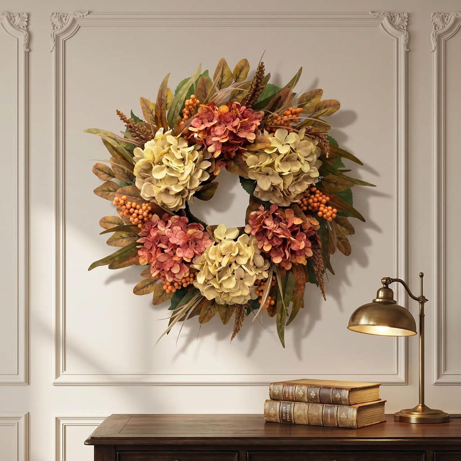 24 Inch Fall Hydrangea Wreath for Front Door, Thanksgiving Harvest Decor | UV-Protected Realistic Autumn Wreath with Berries & Fall Foliage, Farmhouse Home Decor for Porch, Wall & Table Centerpiece