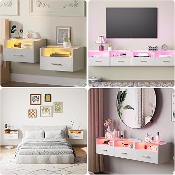 Floating Bedside Table with RGB LED Lighting & 2 AC Outlets/2 USB Ports, Floating Nightstand with 1 Drawer & 1 Tempered Glass Shelf, Space-Saving And Versatile for Bedroom & Living Room (1pcs,White)