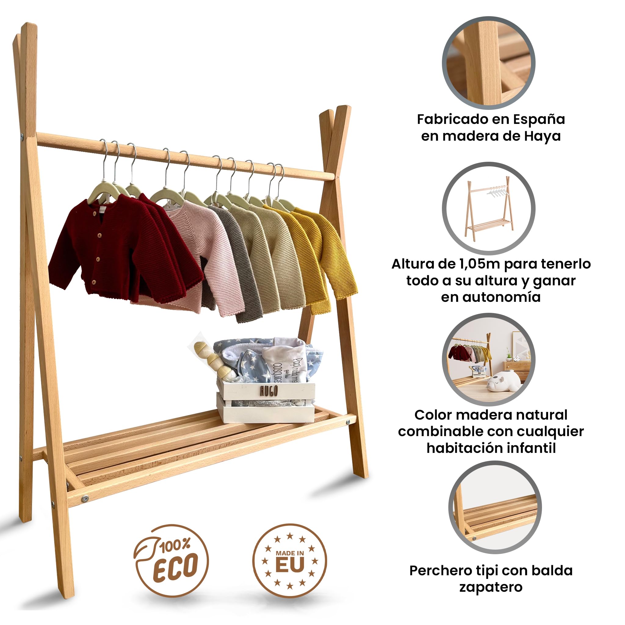 MIMUSELINA Perchero niños Perchero Tipi de madera Burro colgador abrigos ropa bebé autonomía del niño, perchero madera decoración habitación infantil (Madera Haya NATURAL)