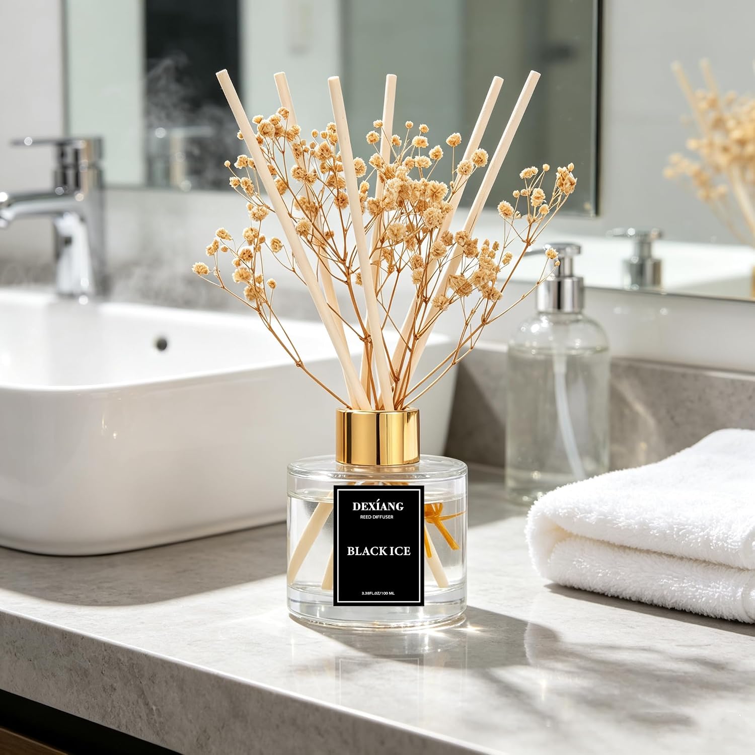 Reed Diffuser Set,3.38 fl oz (100 ml) - Black ice Oil Diffusers with 6 Reed Sticks for Bathroom Shelf Decor