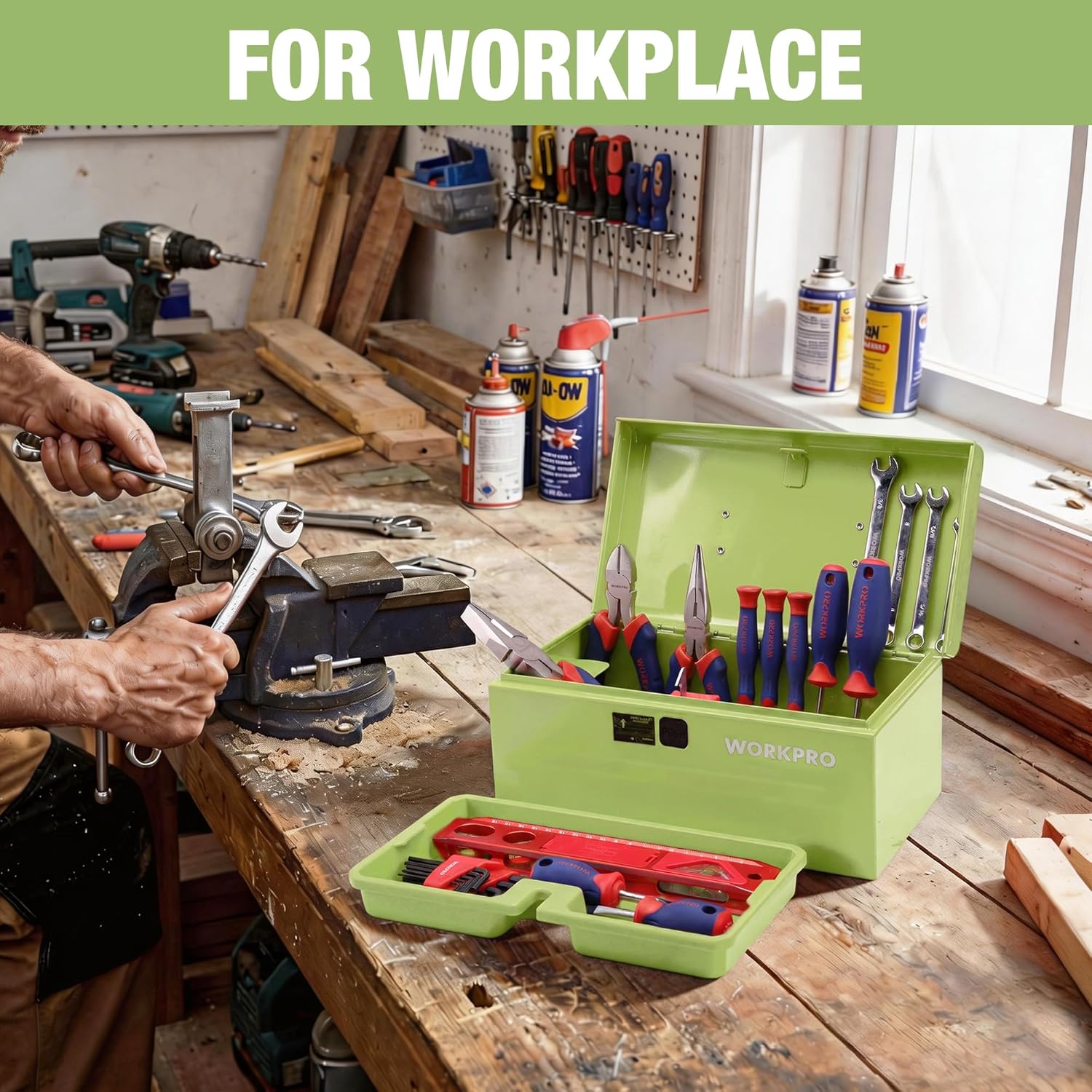 WORKPRO 10.8" Portable Mini Metal Tool Box with Removable Color-Matching Tray, One-Button Latch Toolbox, Steel Tool Chest with PP Handle, Compact Storage Organizer for Home, Office or Workshop
