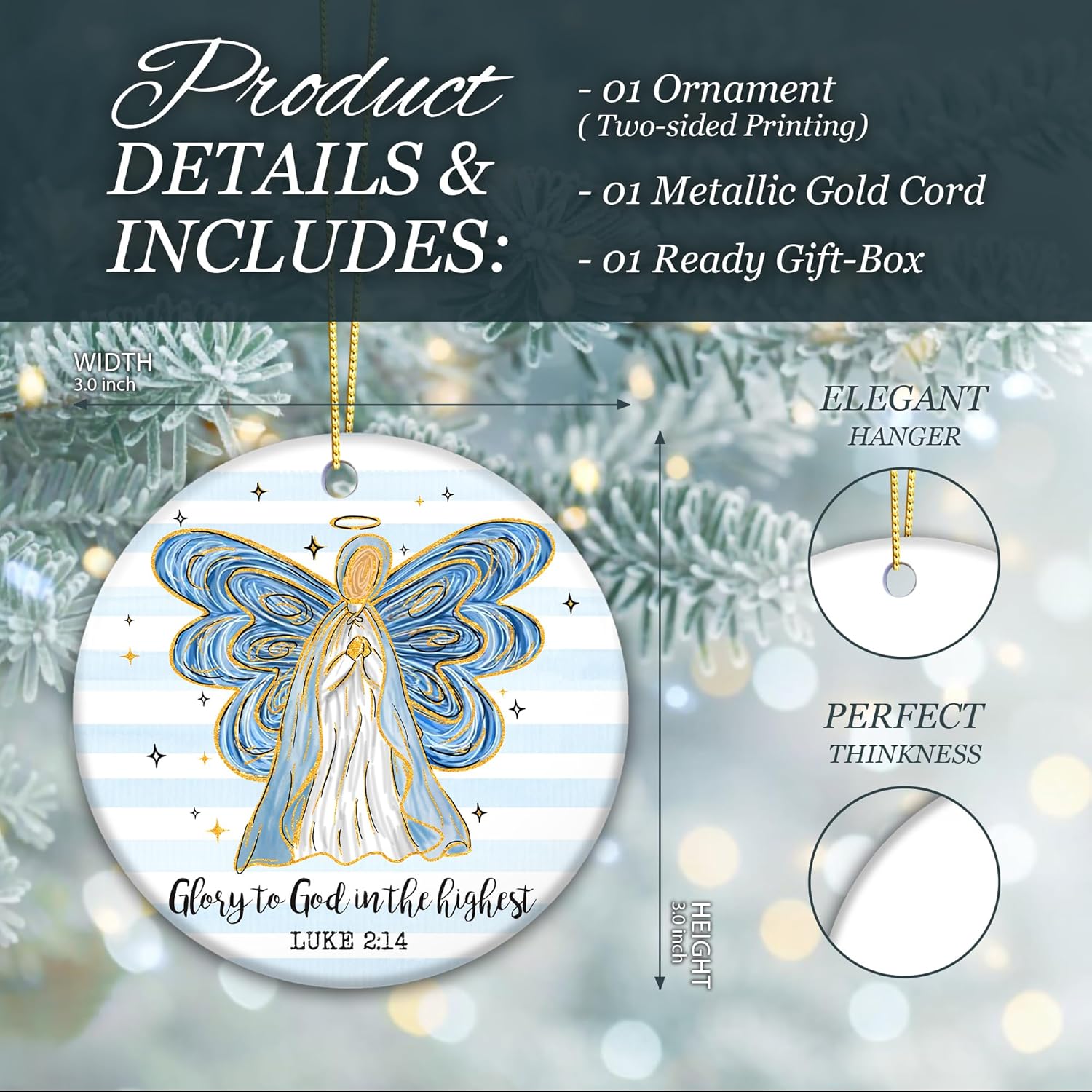 Christian Angel Christmas Ornament 2025 – “Glory to God in The Highest” Luke 2:14 – Religious Ceramic Ornament with Blue & Gold Angel, Inspirational Scripture Holiday Decoration & Faith Gift - Image 5