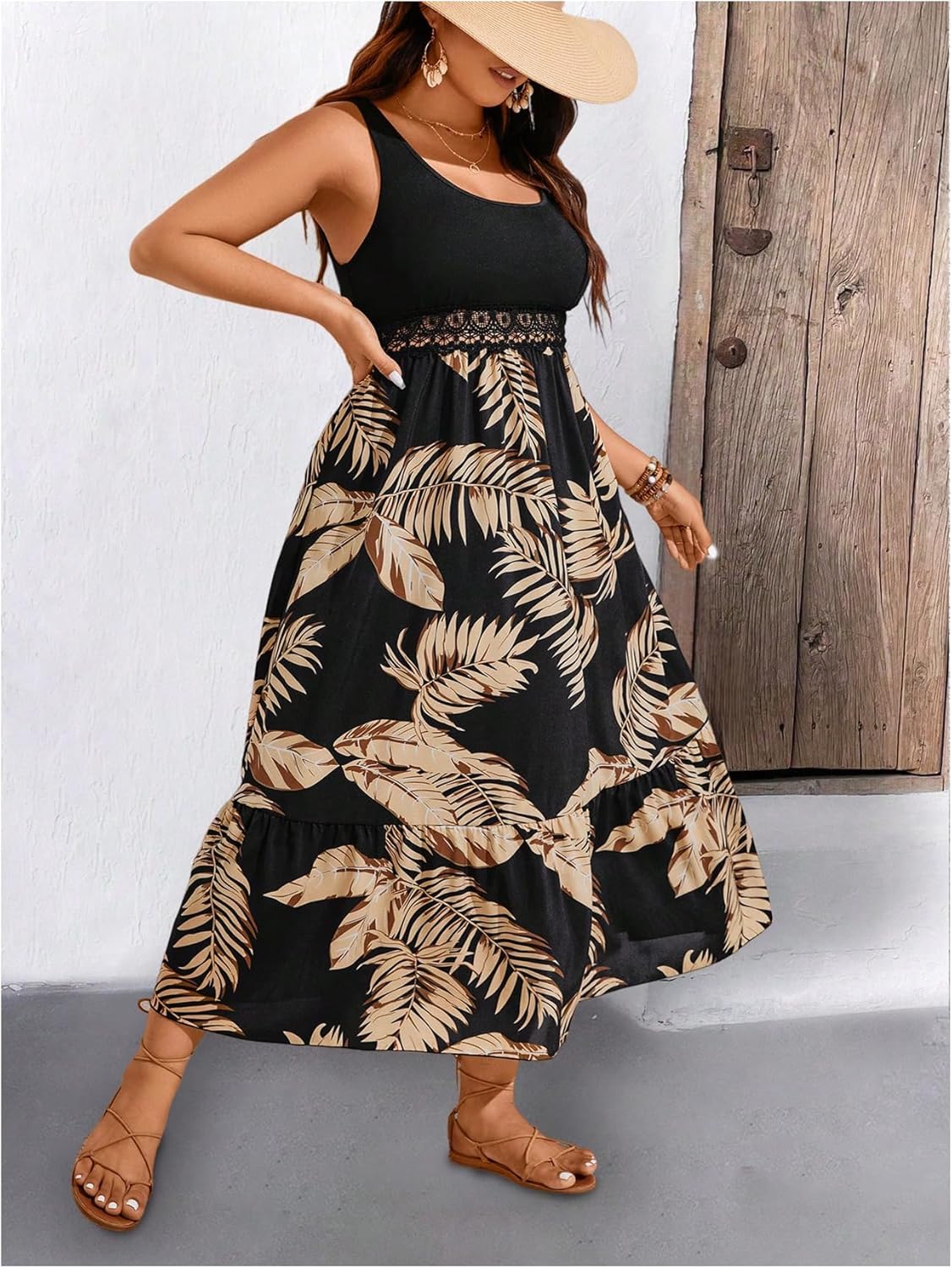 Women's Plus Size Tropical Print Ruffle Maxi Dress Lace Scoop Neck A Line Flowy Beach Vacation Dresses - Image 3