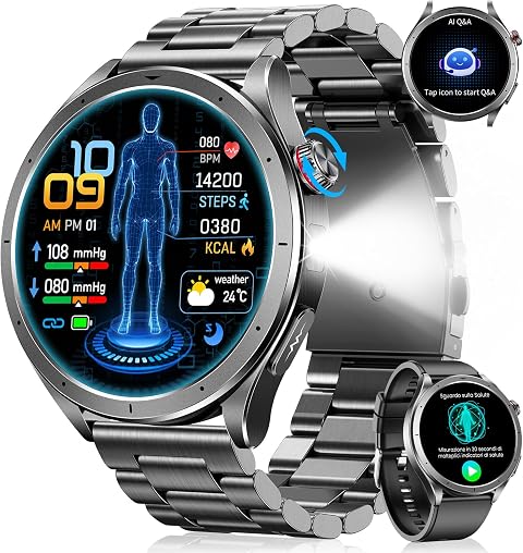 Smartwatch Uomo con ECG/HRV, AI-GPT, Micro-Check-Up, BMI, Android iOS, Nero