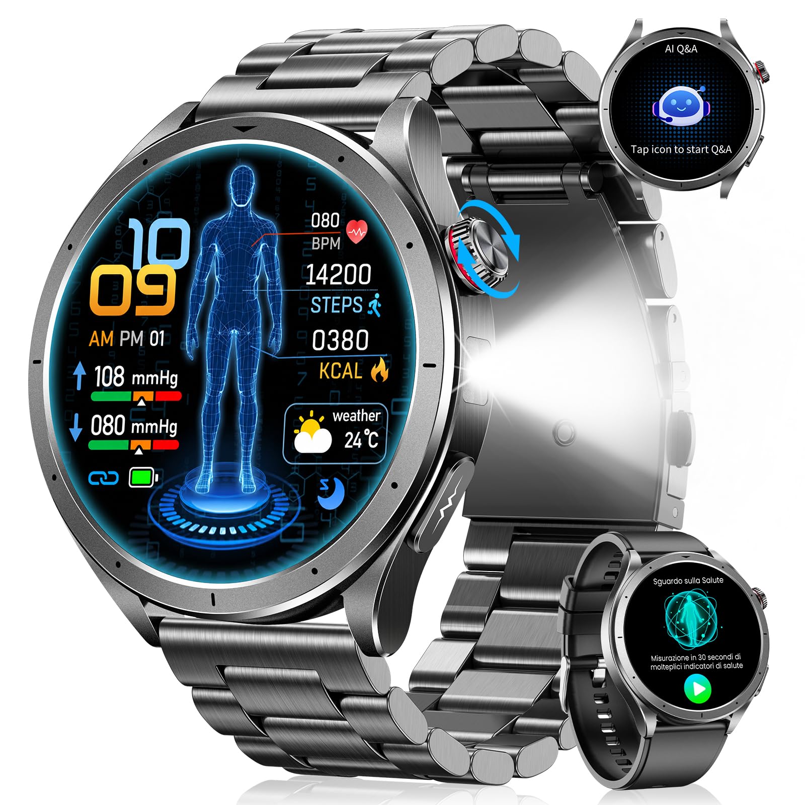 Smartwatch Uomo con ECG/HRV, AI-GPT, Micro-Check-Up, BMI, Android iOS, Nero | 1,53" Orologio Fitness con Sonno/Frequenza Cardiaca/SpO2, Pressione Sanguigna, 120+ Sportive, 5ATM, Torcia LED, MET, SOS