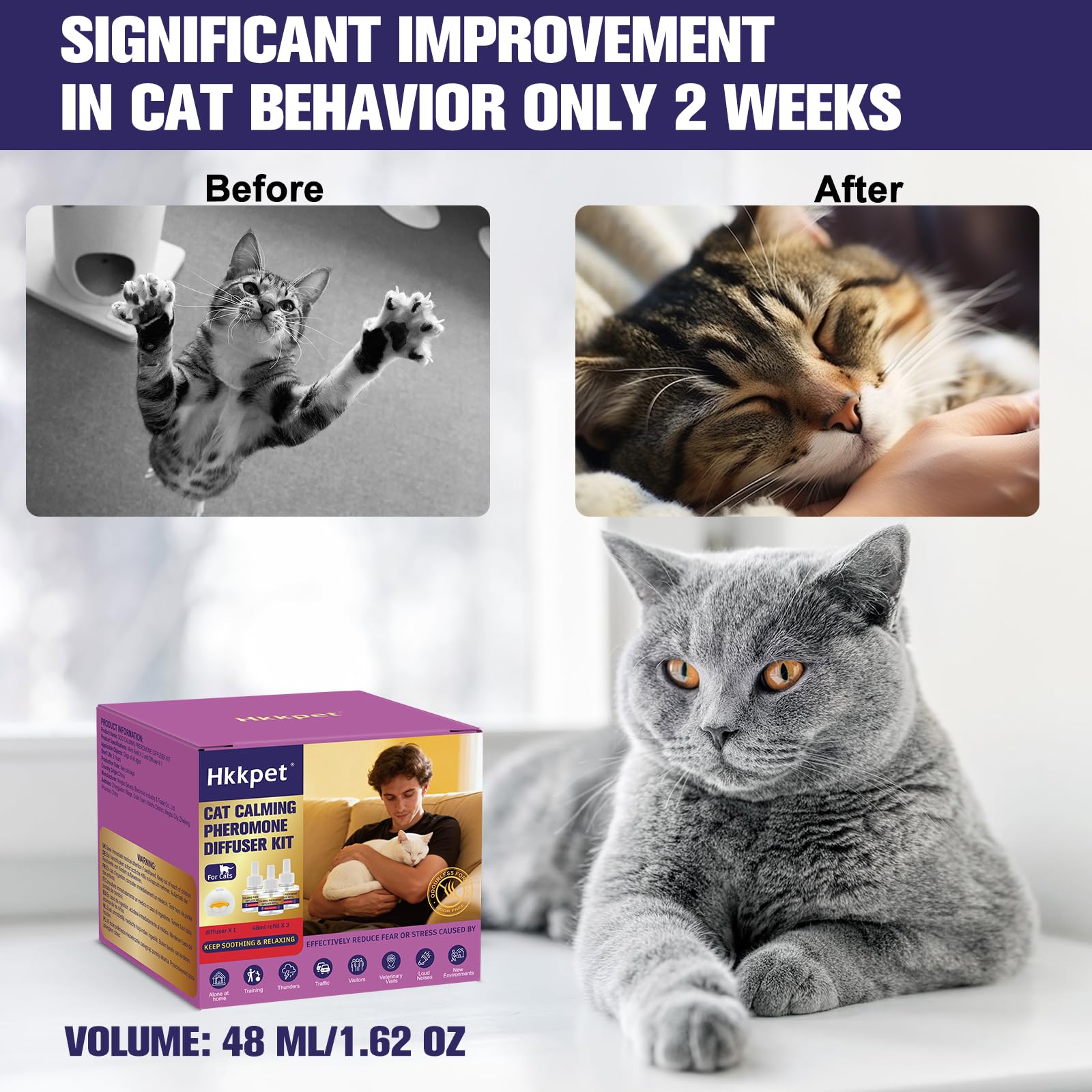 Difusor de Feromonas Calmantes para Gatos, Reduce Estrés, Ansiedad y Arañazos, Ayuda a Disminuir la Agresividad y Conflictos entre Gatos, Apto para Todos los Gatos, 1 Difusor + 3 Recargas de 48 ml