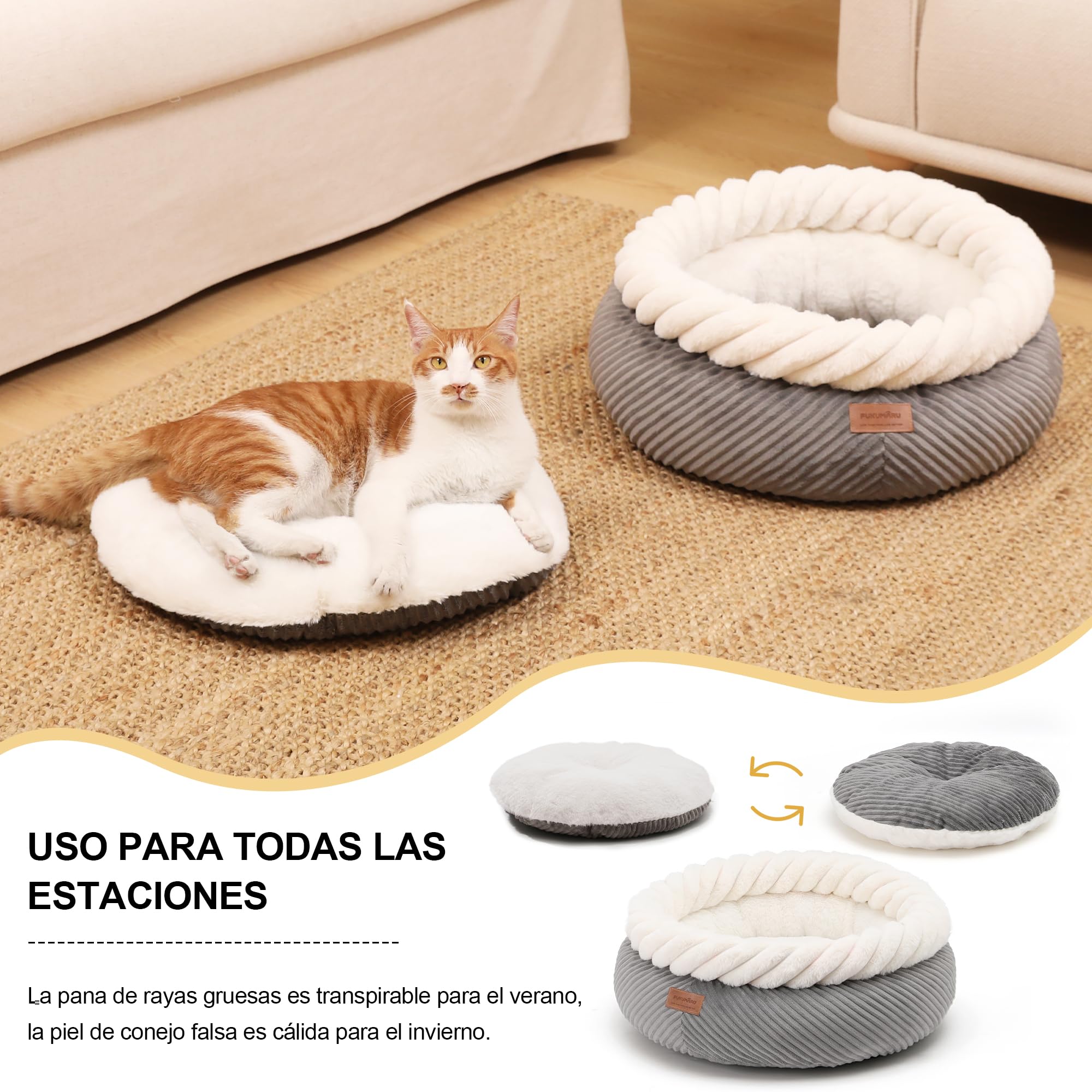FUKUMARU Cama para Gatos Lavable, Cesta para Gatos con Borde Elevado, 55 x 55 x 21 cm, Cama Suave de Pana, Base Antideslizante, Grande, Gris