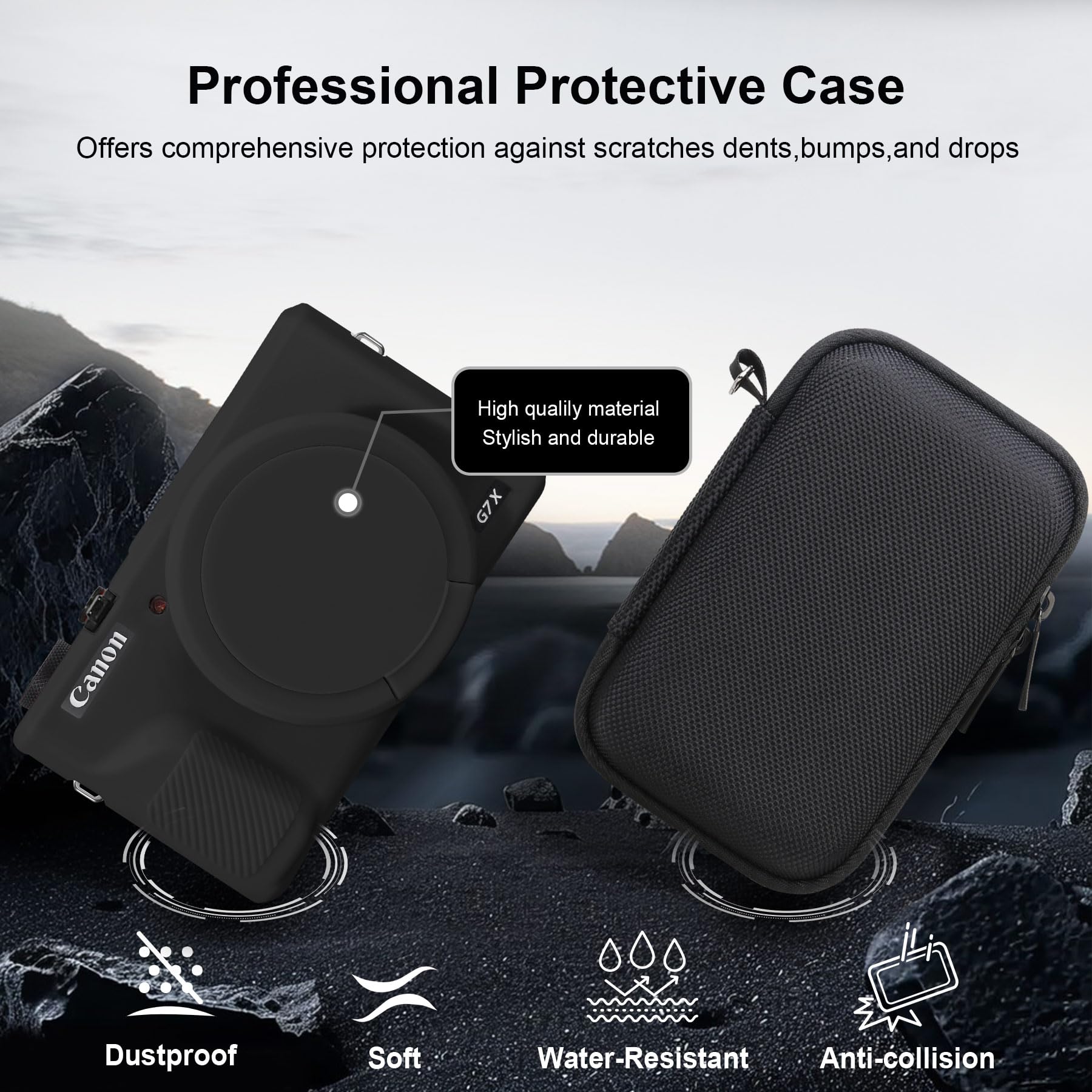 RAIALL Custodia per fotocamera digitale Canon PowerShot G7X Mark III, 1* custodia rigida da trasporto + 1* custodia protettiva morbida in silicone, Nero+Nero