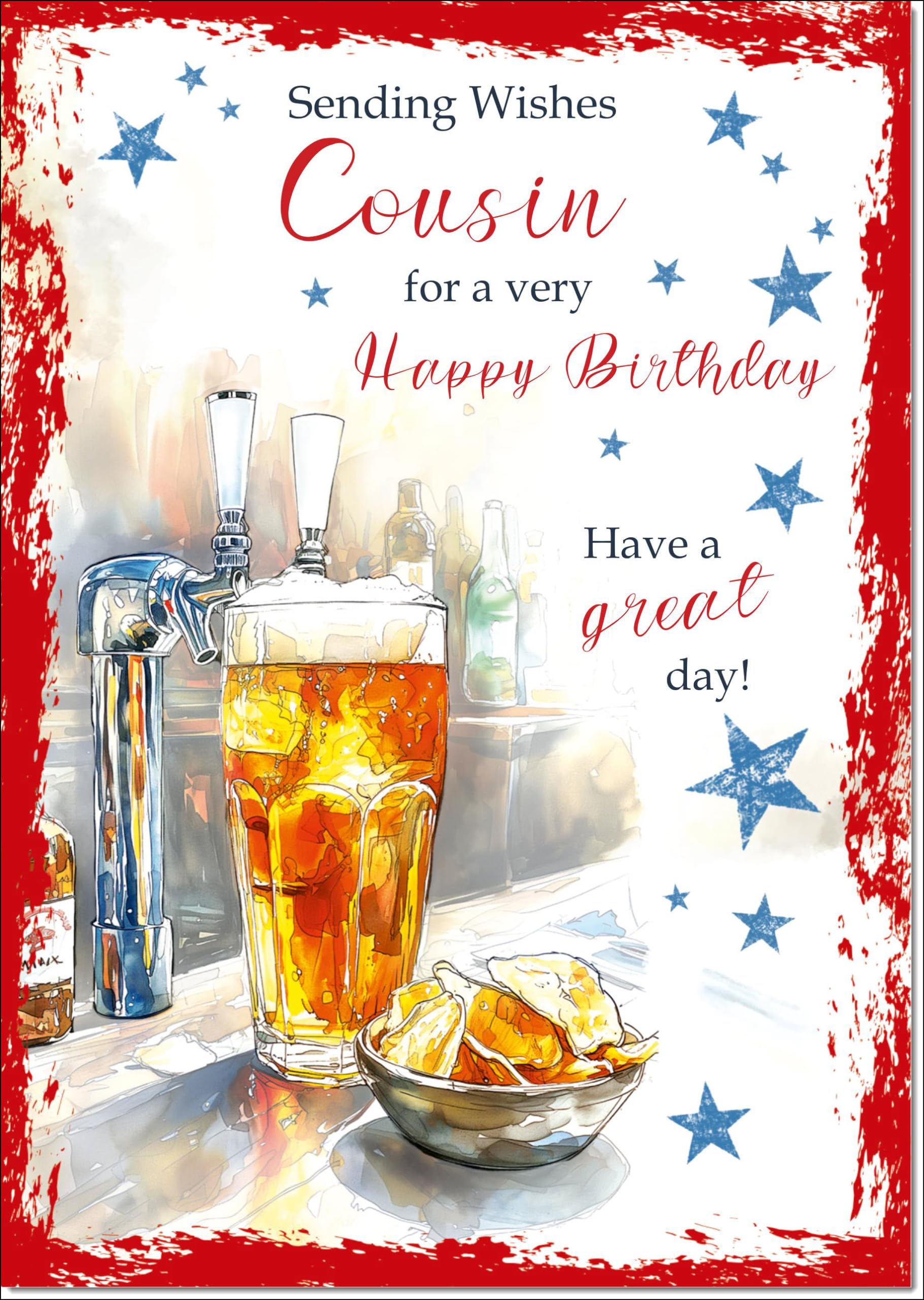 doodlecards Cousin Birthday Card Beer and Crisps Large A4 Size with Plain Envelope