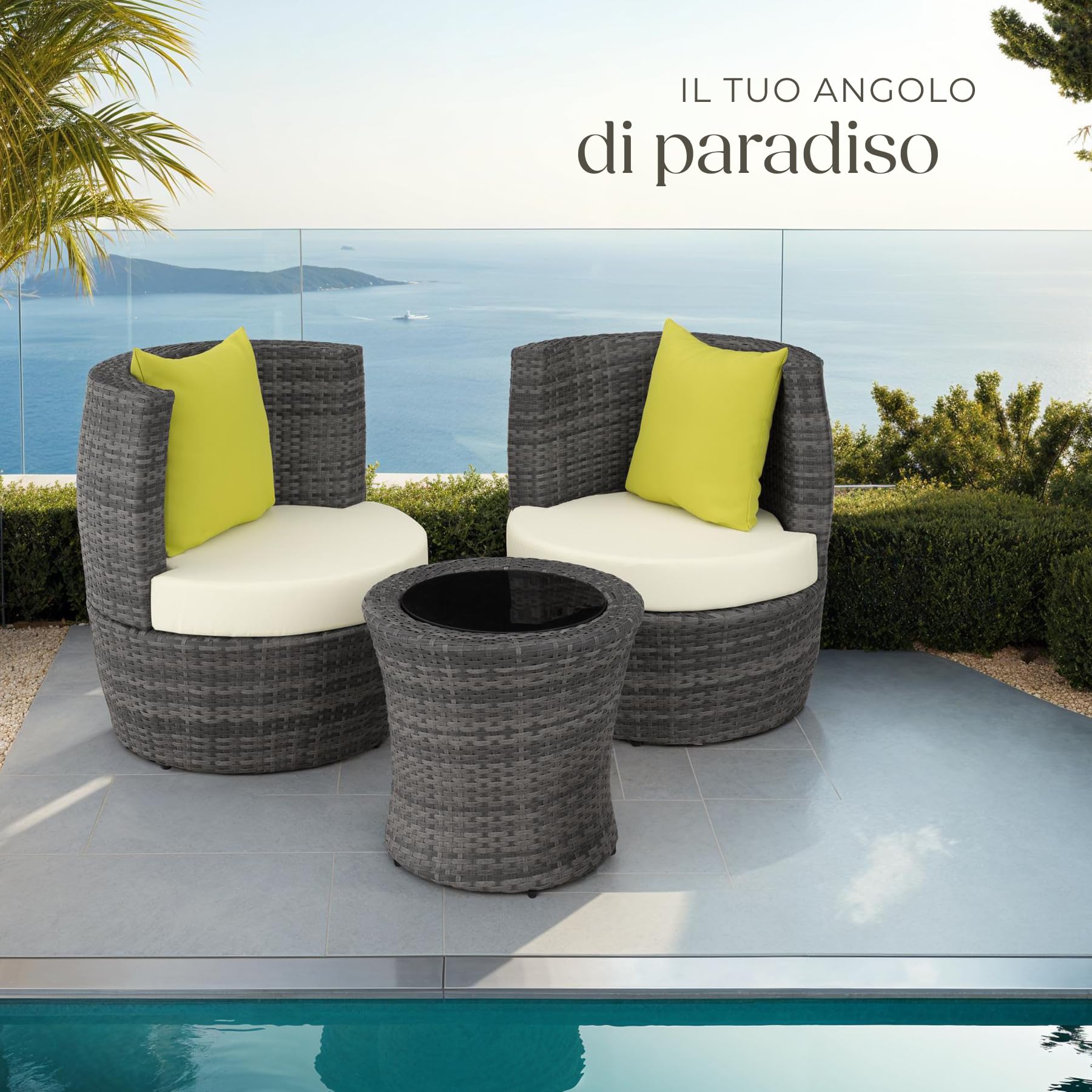 tectake® Set di Mobili da Giardino, Poli Rattan e Alluminio, 2 Sedie, 1 Tavolo, 1 Vaso, Cuscini, Sedia da Esterno, Poltroncina, Set Balcone, Poltrona Giardino, Tavolo con Sedie Esterno - Grigio