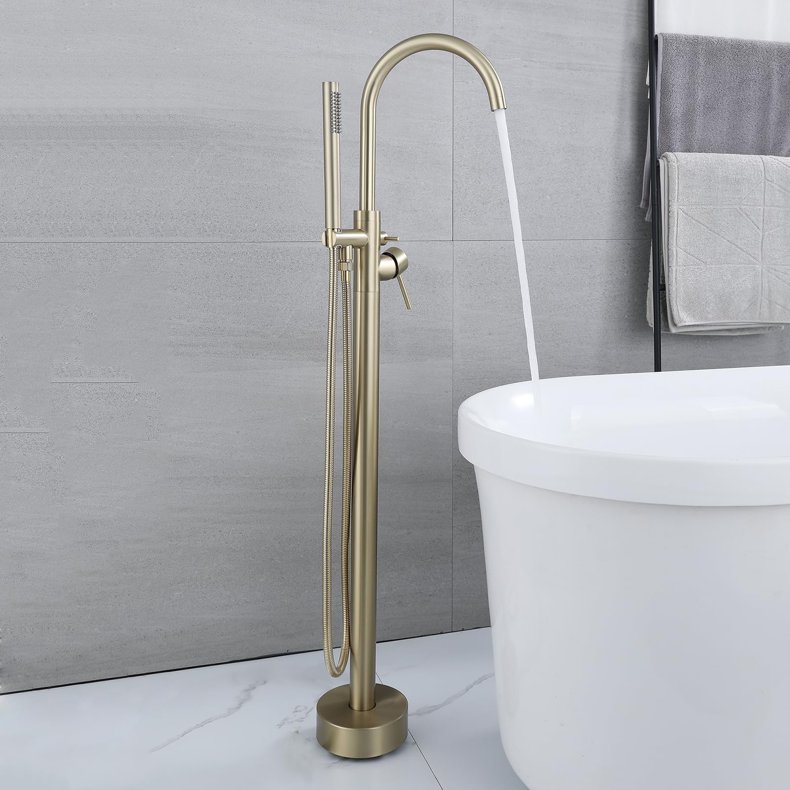 SBCGFY Modern Freestanding Shower Bath Faucet With Swivel Gooseneck Design Single Handle Hot And Cold Water Mixer Tap In Brushed Gold Finish,