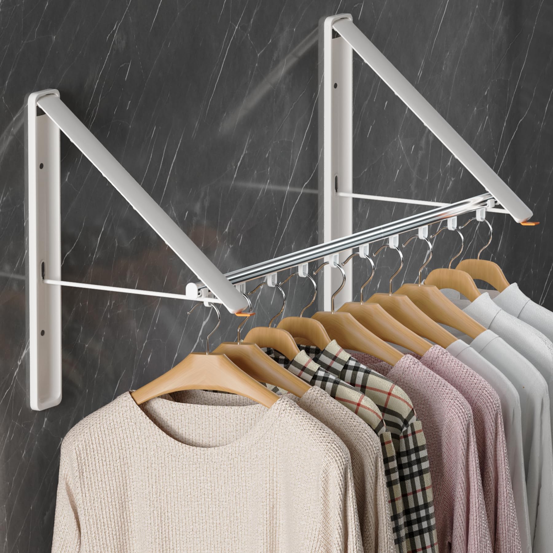 Dr.DJ Clothes Drying Rack with Rod, Wall-Mounted Retractable & Foldable Clothes Hanger for Laundry Room Organization and Storage, Metal Clothes Hanger