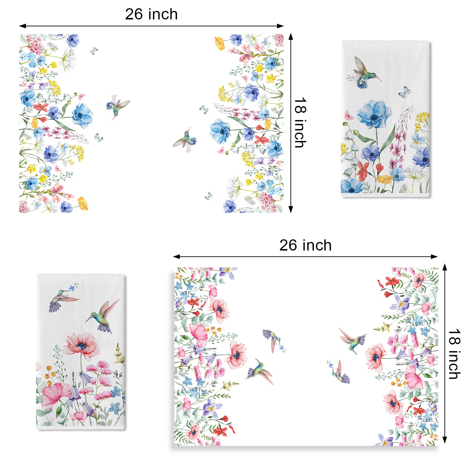 Seliem Summer Anemone Flower Hummingbird Kitchen Dish Towel Set of 2, Wild Floral Ultra Absorbent Hand Drying Baking Cooking Cloth, Spring Seasonal Decor Home Decorations 18 x 26 Inch