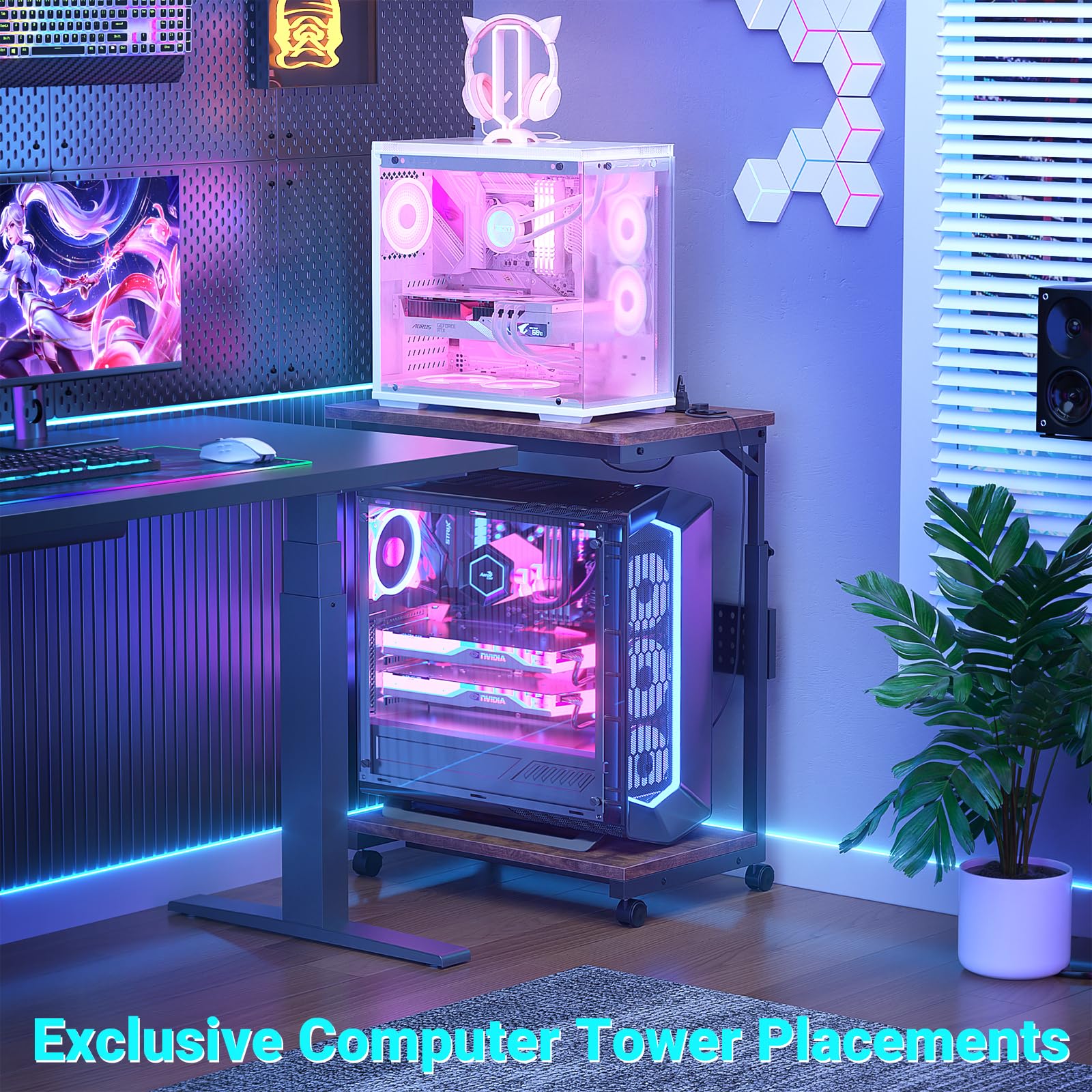 Besiost Soporte de torre para computadora con regletas de alimentación, soporte de torre de PC ajustable en altura con ruedas, soporte móvil para CPU, soporte lateral para carrito de computadora para