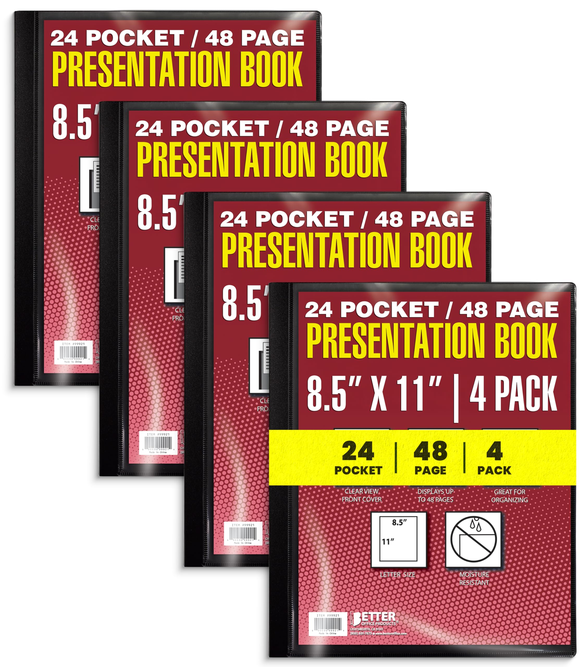 Better Office Products 24 Pocket Bound Presentation Book, Black, Clear View Front Cover, 48 Sheet Protector Pages, 8.5" x 11" Sheets, Art Portfolio, Durable Poly Covers, Letter Size (4 Pack)