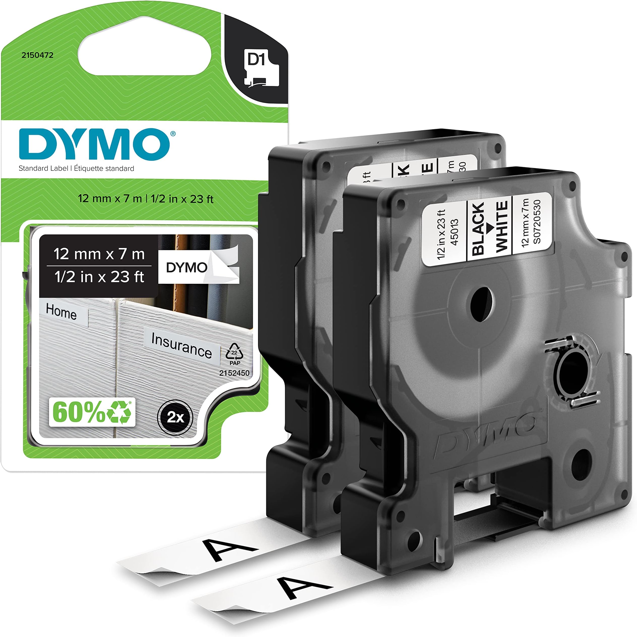 DYMO Authentic D1 Labels | Black Print on White | 12mm x 7m | Self-Adhesive Labels for LabelManager Label Printers | 2 Count