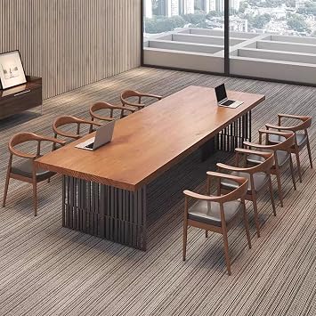Home Office Desk, Metal Frame, Solid Wood Conference Table, Simple Long Table, Accommodates 6-10 People, Perfect for Home Office, Brown Chair Not Included140x70x75cm/55x28x30in