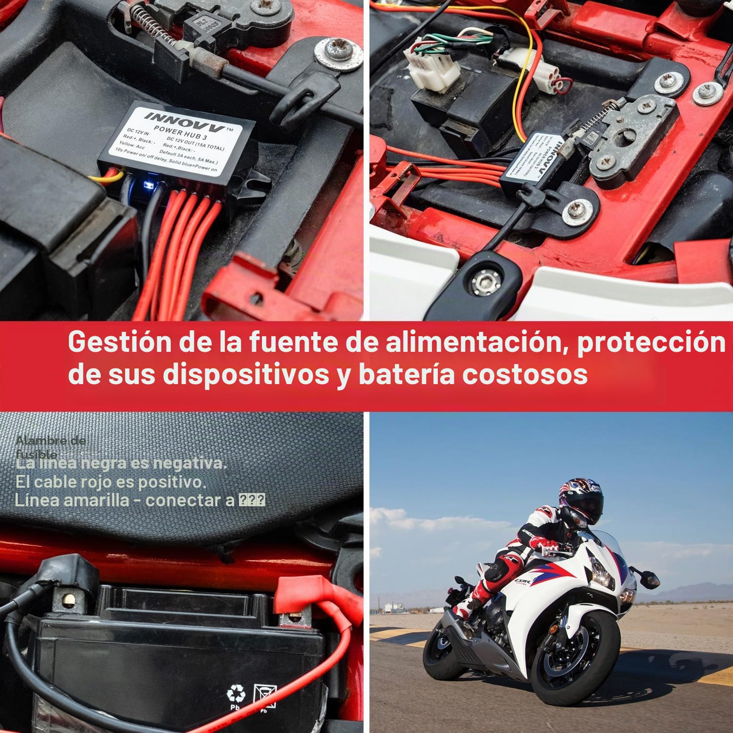 INNOVV Power Hub 3 Power Distribution System Kit, DC 12V 15A Motorcycle Power Distribution Hub, conexión de hasta 5 dispositivos instalados en la motocicleta