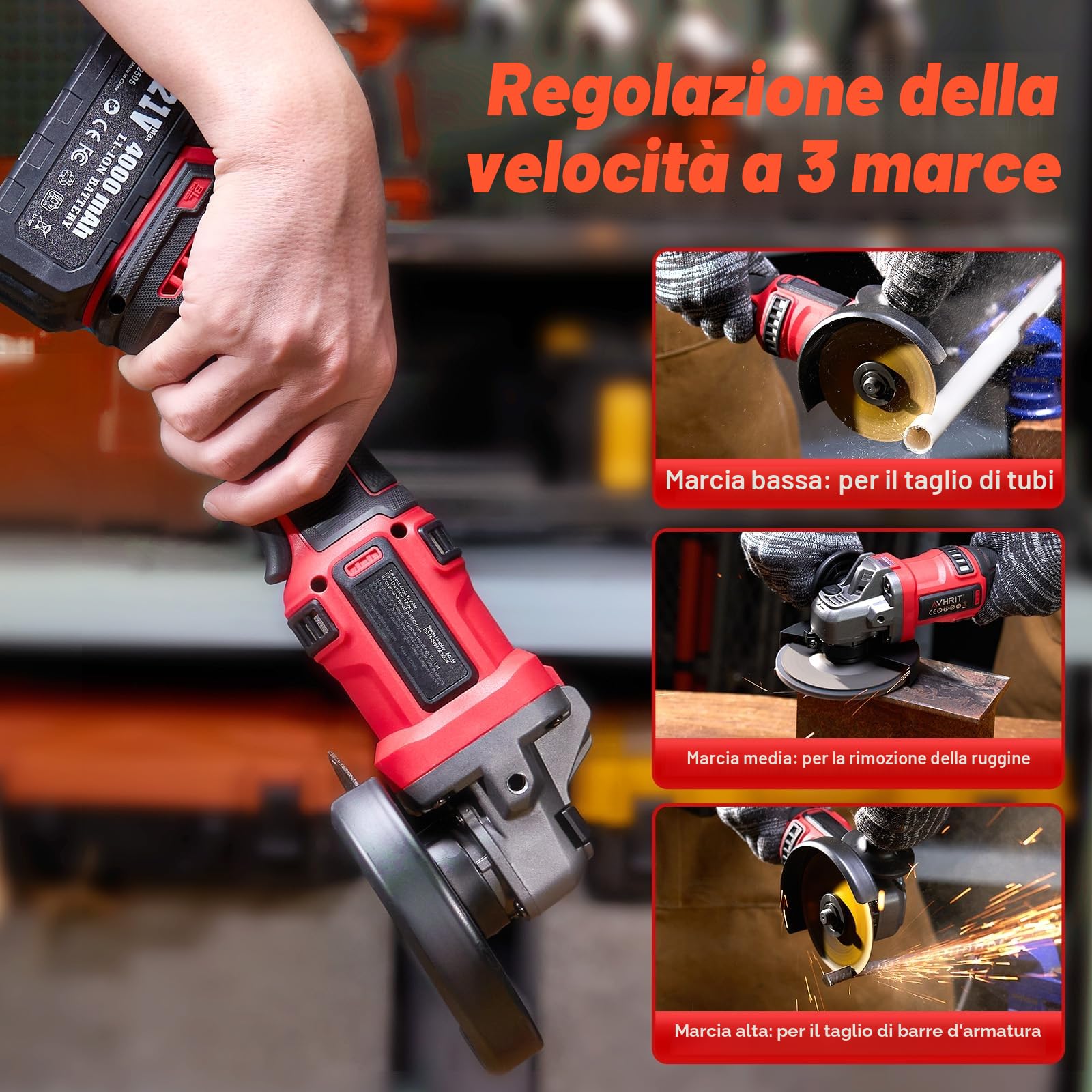Smerigliatrice angolare a batteria, Smerigliatrice angolare senza fil con 2 batteria da 4000 mAH, display LED, motore brushless da per la smerigliatura di metalli e la rimozione della ruggine