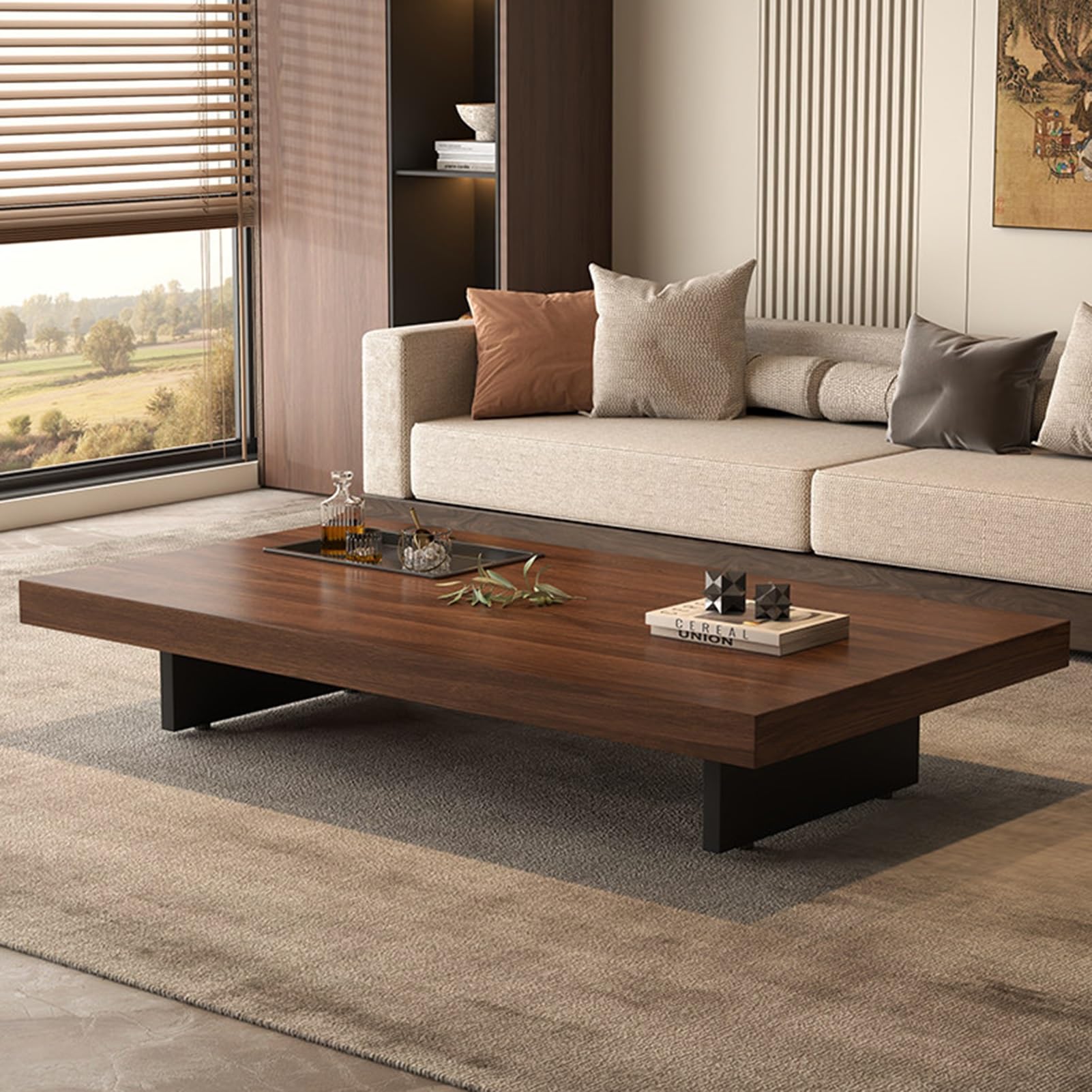Table basse en bois à plateau épais et grand rangement pour salon
