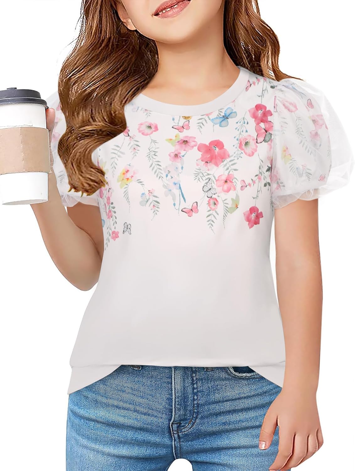Arshiner Girls Shirts Mesh Puff Short Sleeves Blouse Crewneck Cute Print Summer Kids Tee Tops