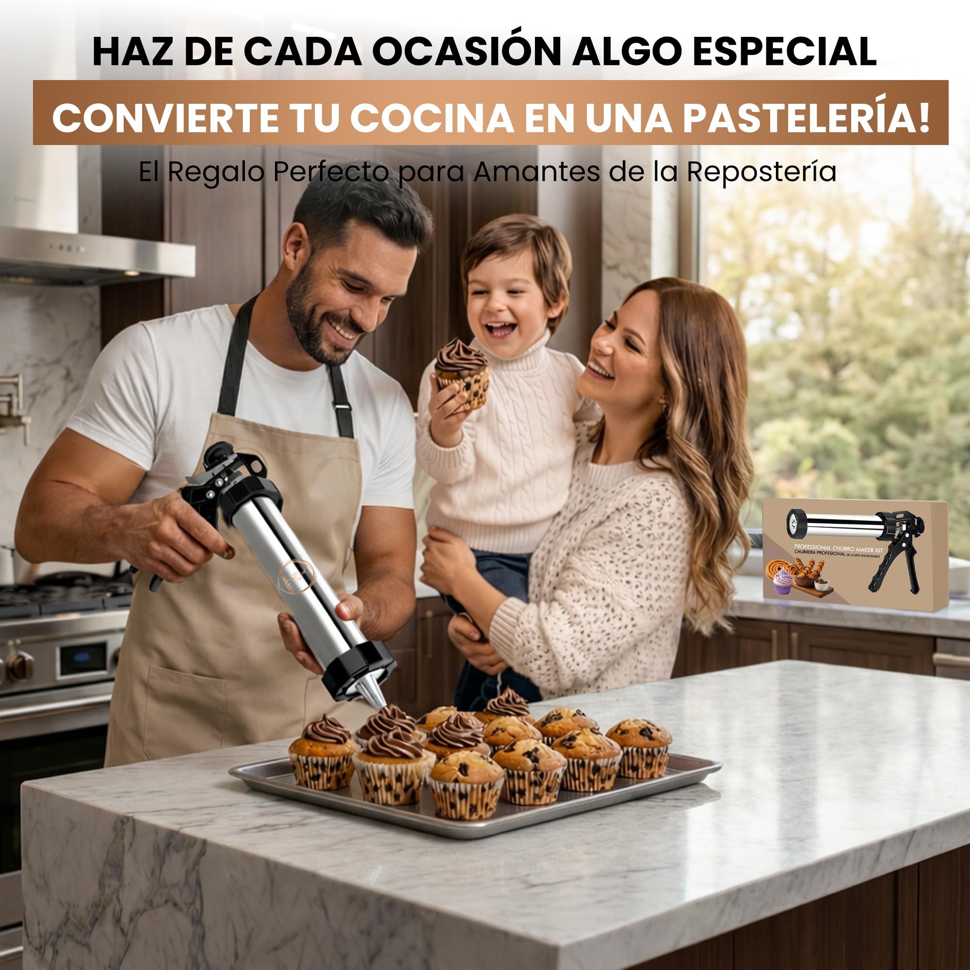 Churrera profesional de acero inoxidable 304 sin BPA y certificada por la UE – Kit para churros, porras y galletas con manga pastelera 41 cm, 12 discos, 7 boquillas y recetas online — view 2