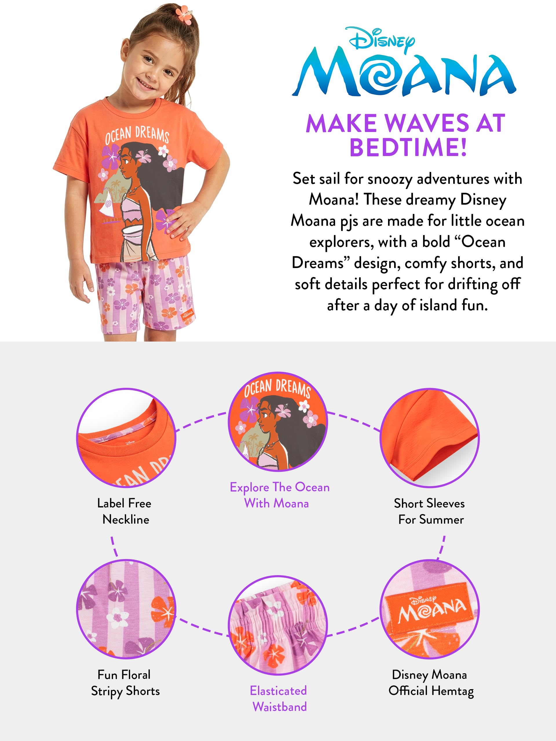 Disney Vaiana Pyjama Fille, Ocean Dreams Pyjama Enfant Fille, Pyjamas Short en Coton