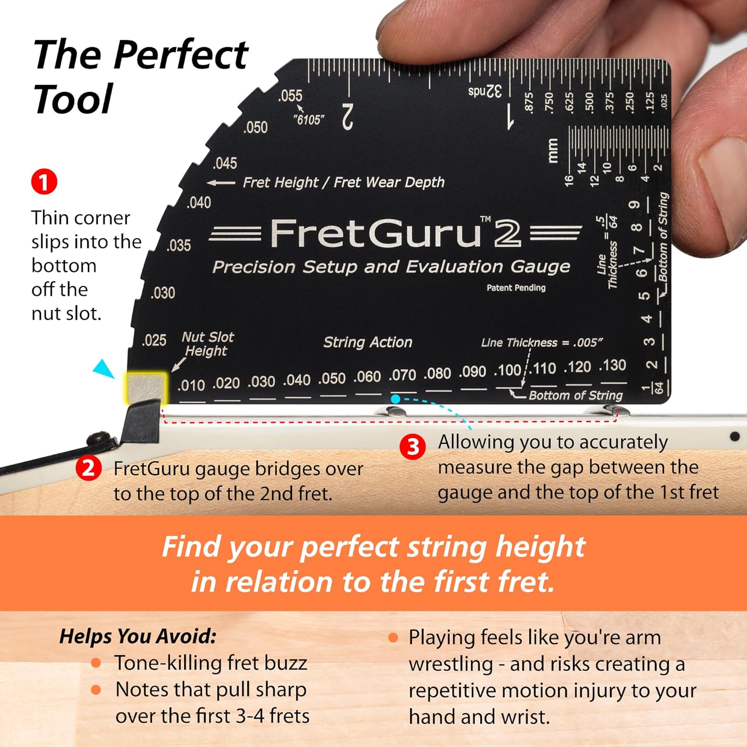 FretGuru String Action Gauge Guitar Fret Ruler Precision Fret Rocker Precise CNC Machined, Diamond Honed, Polished Edge Guitar String Height Gauge Luthier Tool with Genuine Leather Case