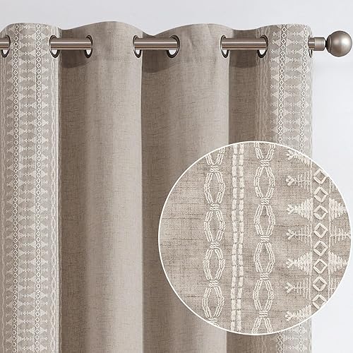 jinchan Boho Curtains Linen Curtains Farmhouse Curtains for Bedroom Window Curtains 84 Inches Long 2 Panels Embroidered Geometry Grommet Window Treatment for Living Room Ivory on Taupe
