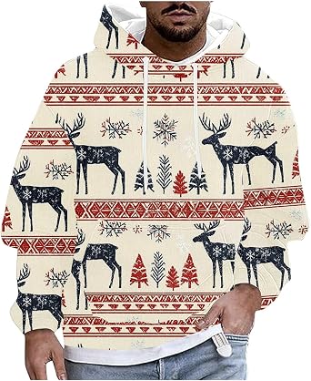 Zeiyignr Ugly Christmas Hoodies for Men Vintage Xmas Plaid Reindeer Snowflake Pine Graphic Hooded Sweatshirt with Pocket