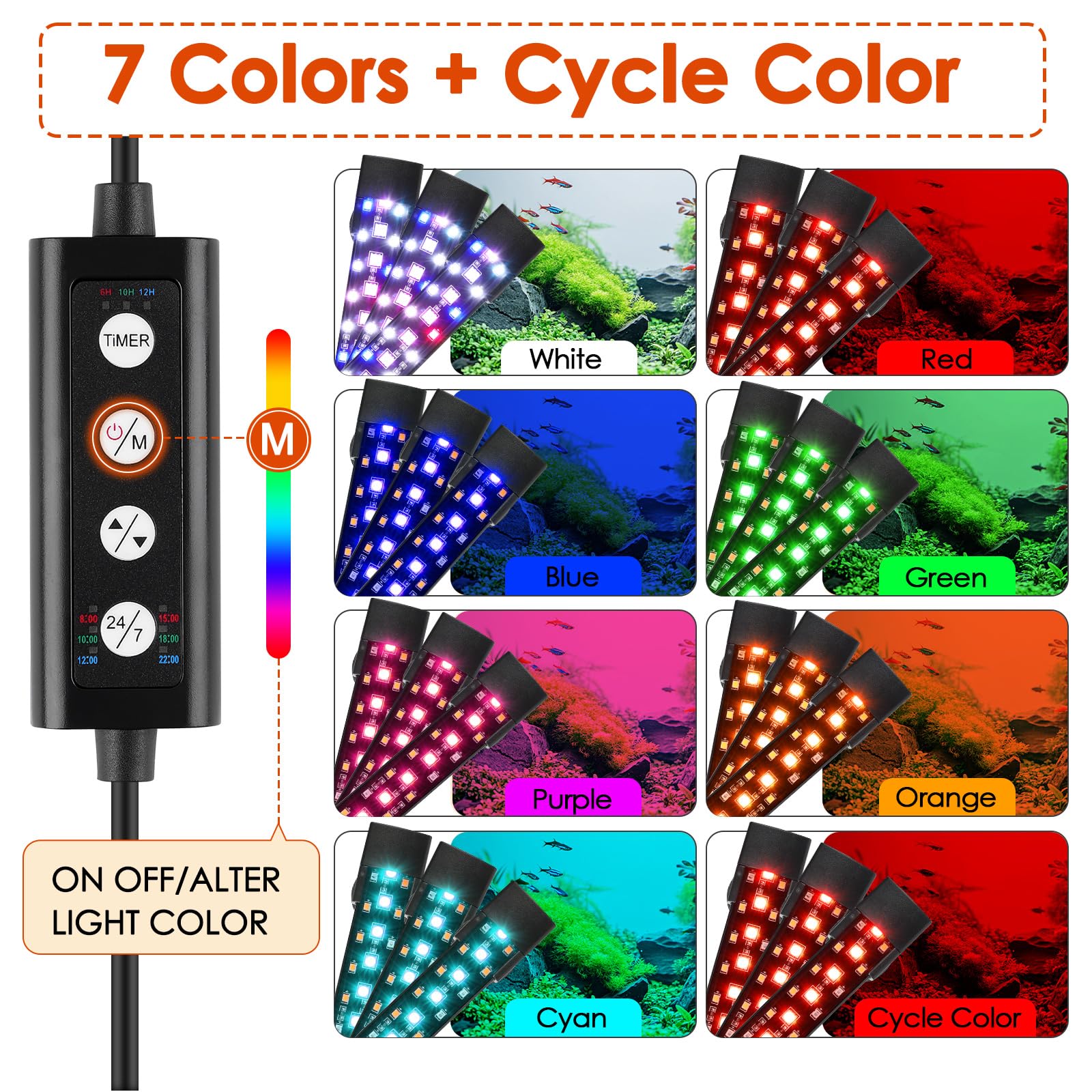hygger Three Channel Submersible Aquarium Light,18W Fish Tank LED Light with 3 Rows Beads 7 Colors and Adjustable Brightness for 60-180L Aquariums(3) - Image 3