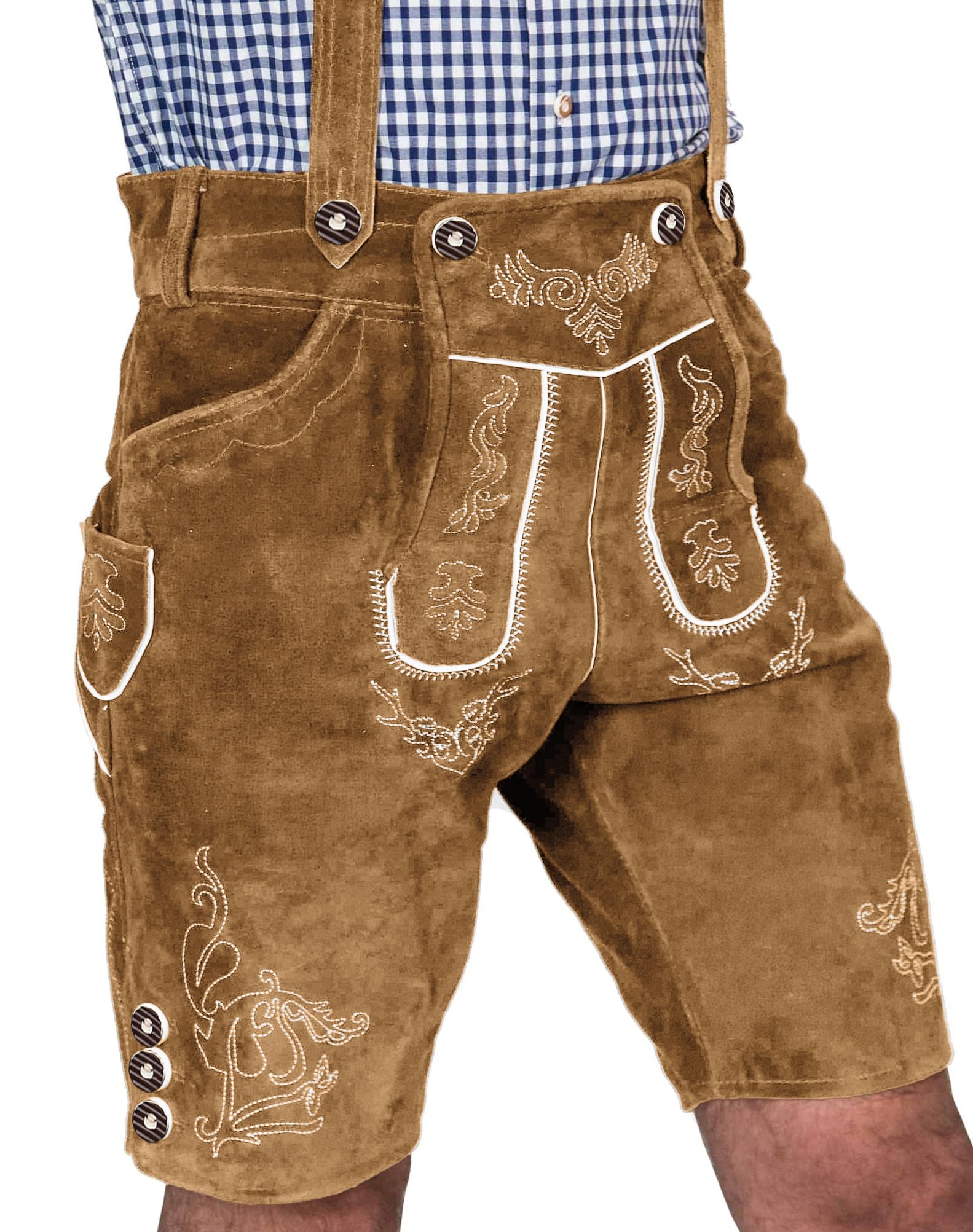 Bawarskie męskie spodnie skórzane krótkie, eleganckie spodnie ze skóry ludowej z ramiączkami, oryginalne w kolorze ciemnobrązowym/średniobrązowym, Oktoberfest, rozmiar 44-60