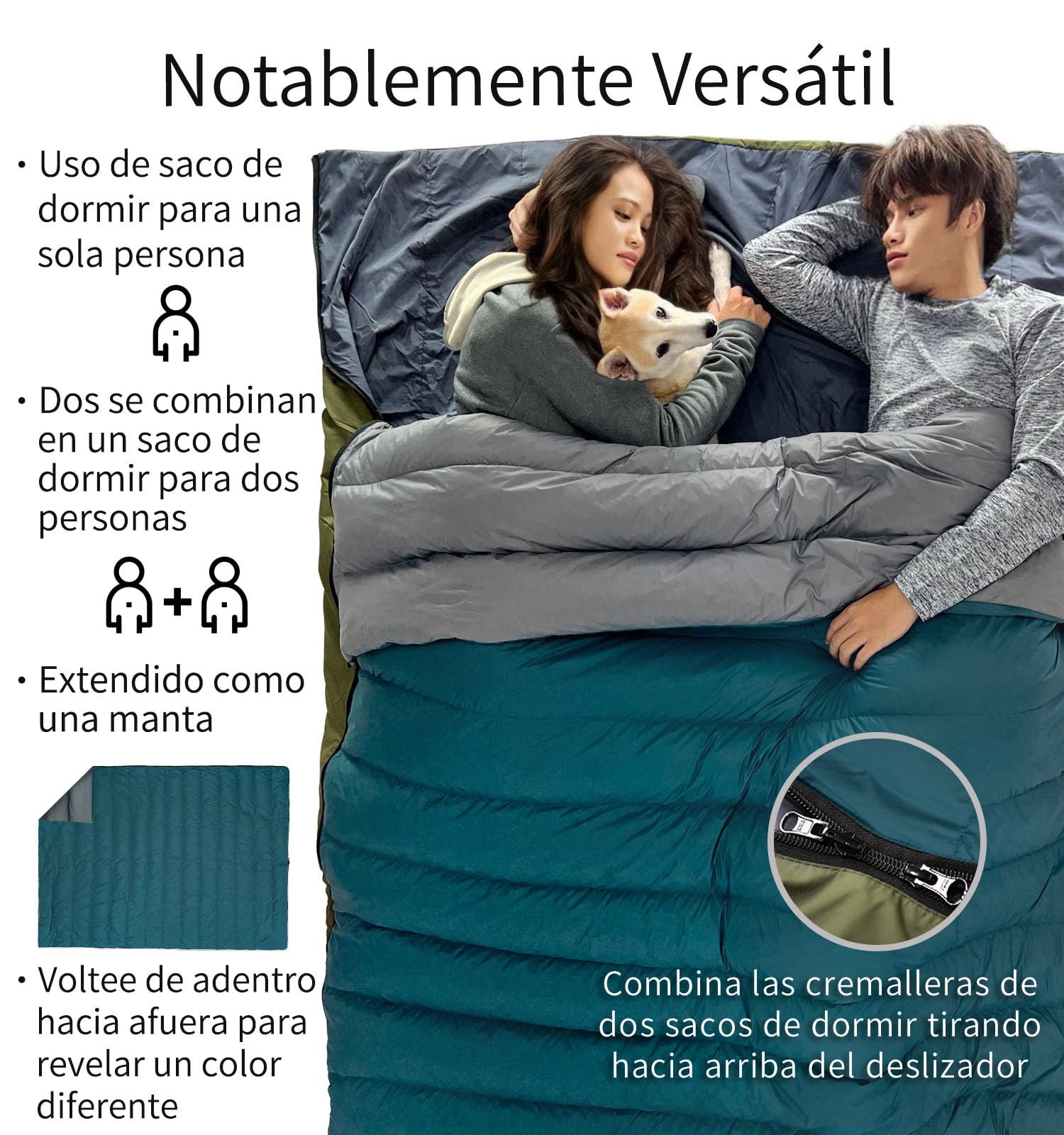 Saco de Dormir combinable Litume de plumón, 565g, 15°C, Ligero, Compacto para Adultos, Saco de Dormir Doble, para mochileros, Camping, Familia, Compacto con Bolsa de Almacenamiento(Verde Azulado)