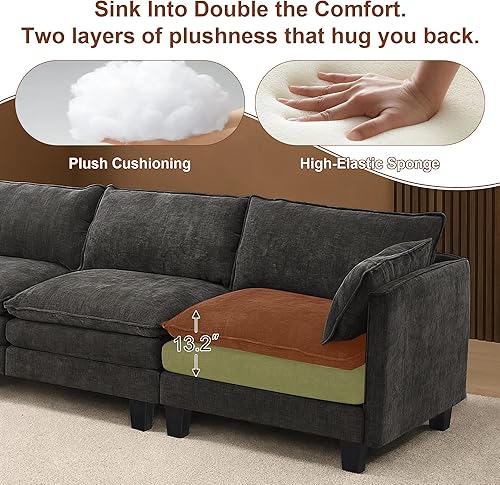 Miniatura 7 de Sofá modular de 111 pulgadas en forma de L con sofá otomano de felpilla con almohada para sala de estar, dormitorio y apartamento, 5 asientos, color