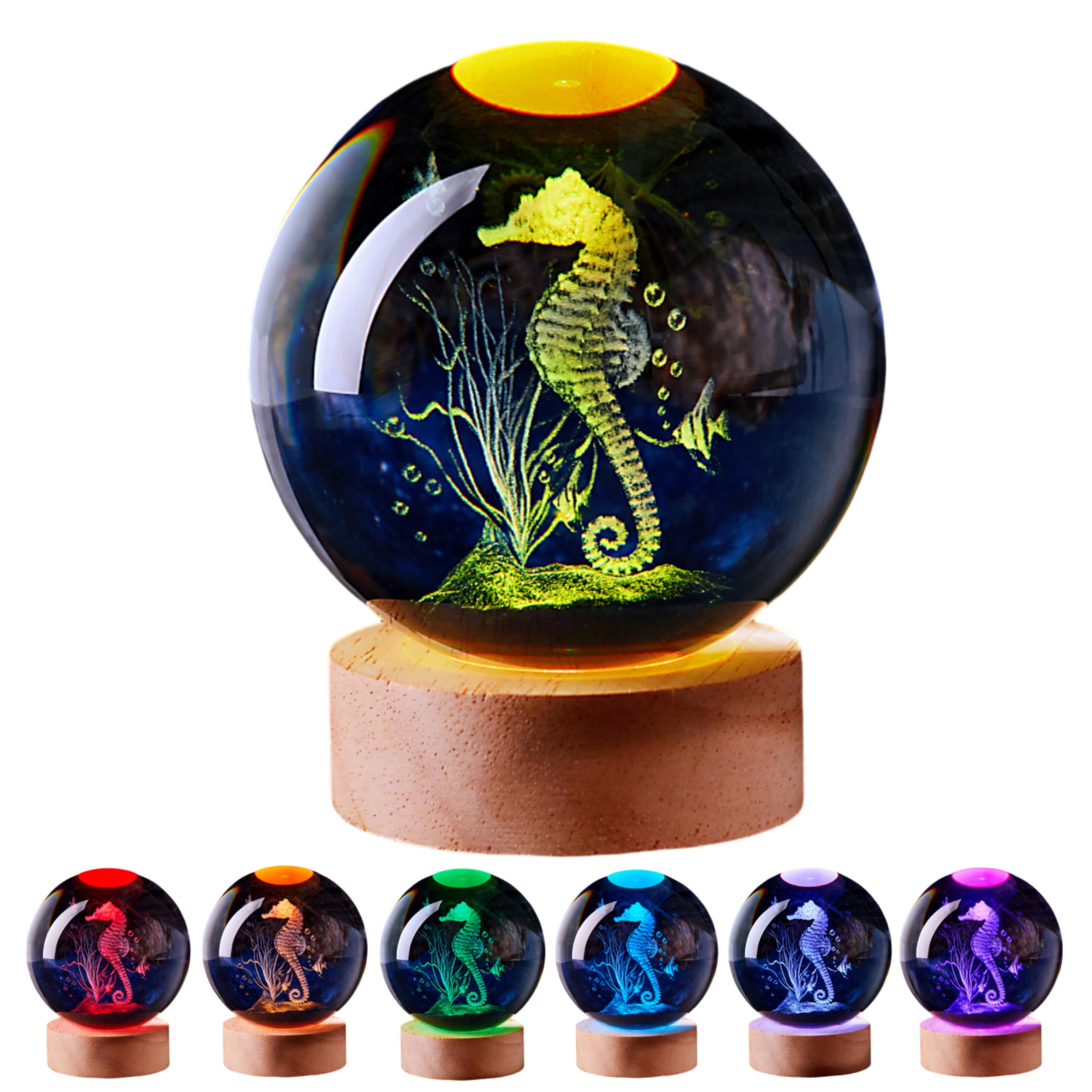 3D Seahorse Crystal Ball Lamp with Remote Control, 3.15 inch Crystal Night Light with Wooden Base 16 Colors Change, Glass Sea horse Figurine Lamp Gift for Girls Boys Wife Girlfriend Mom (Seahorse)