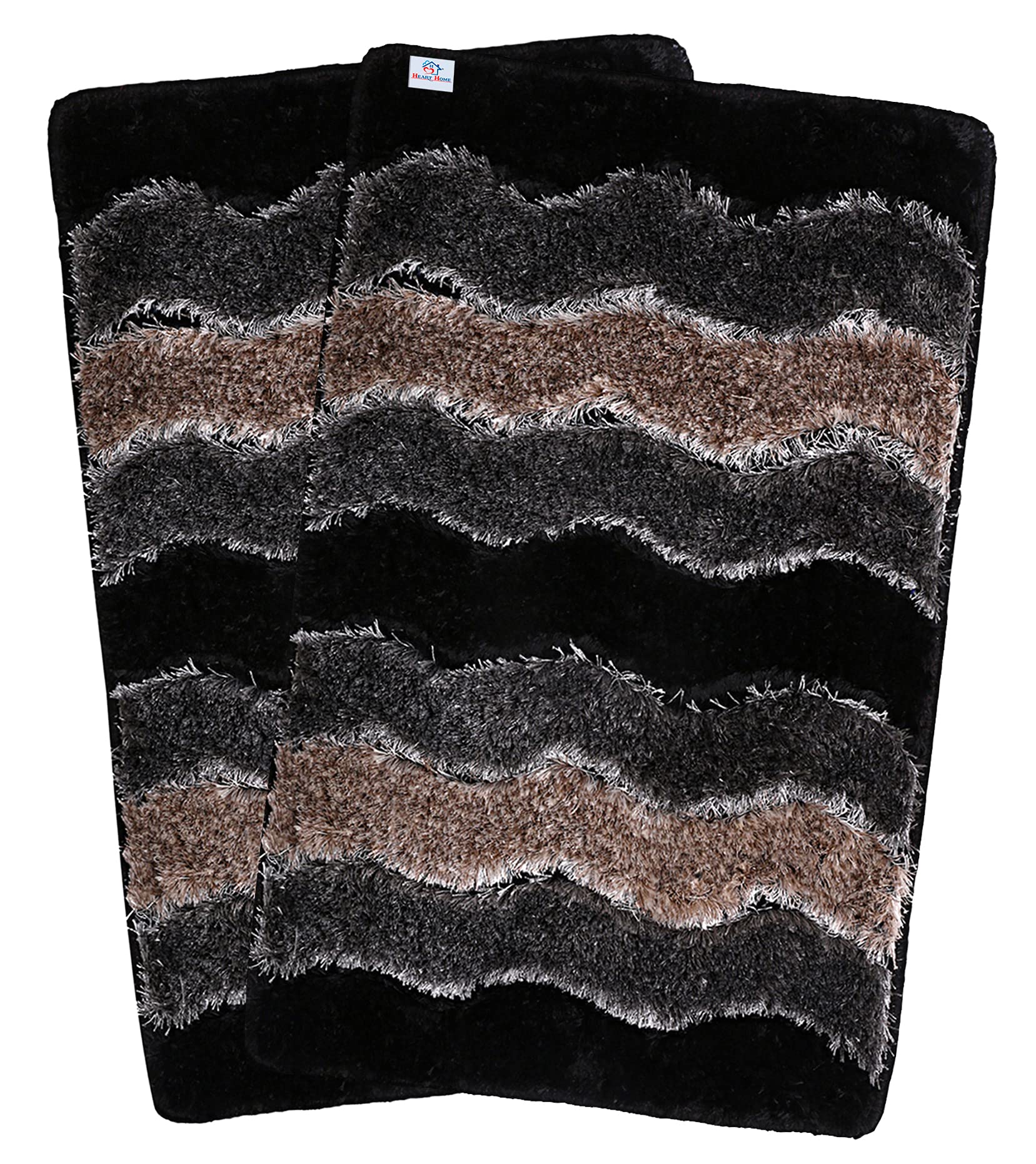 Heart Home Wave Design Soft, Lightweigth Velvet Doormat/Floor Mat, Pack of 2 (Black & Grey)