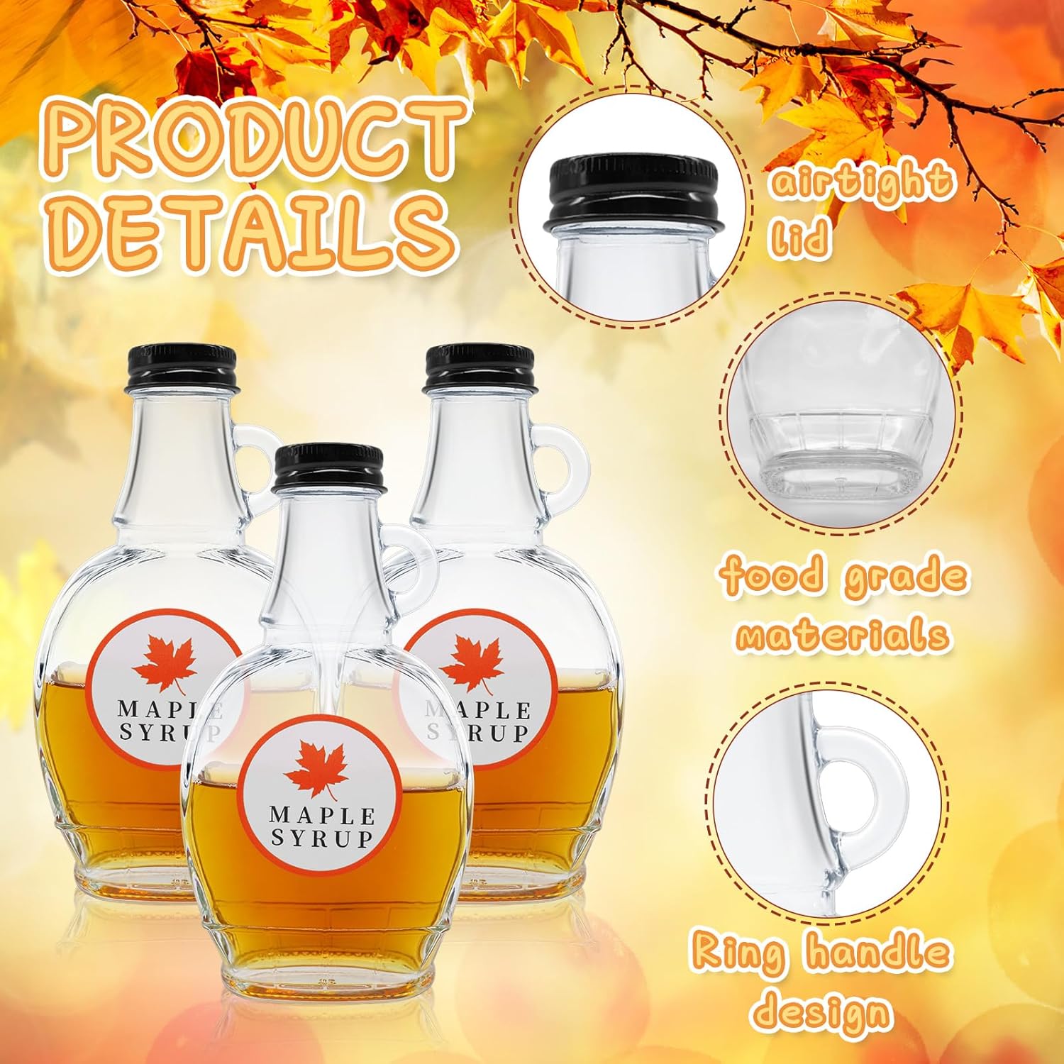 5 oz Maple Syrup Bottles with Loop Handle Black Aluminum Lids, Clear Glass Bottles with Round Stickers, Maple Syrup Jars Container Sample for Gift Juice Milk Sauce Storage (12)