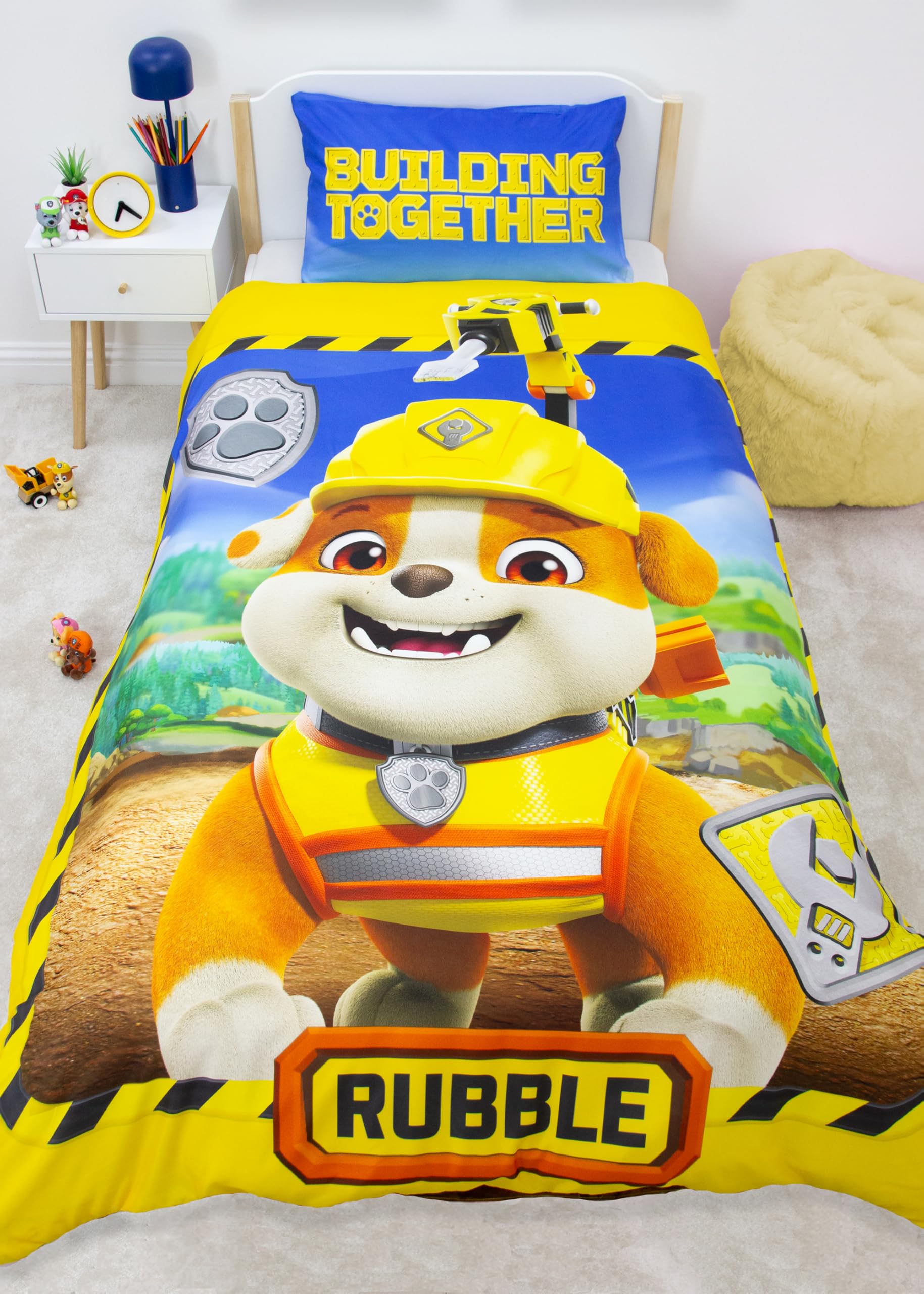 PAW PATROL offiziell lizenziert Rubble und Crew Design einzelne Bettbezug Set | Reversible 2-seitige Hund Bettwäsche einschließlich passender Kissenbezug | Perfekt für Kinder-Schlafzimmer