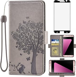 Asuwish Compatible with Samsung Galaxy S7 Edge Wallet Case and Tempered Glass Screen Protector Flip Card Holder Cell Phone Cover for Glaxay S7edge Gaxaly S 7 Plus Galaxies GS7 7s 7edge Women Men Gray